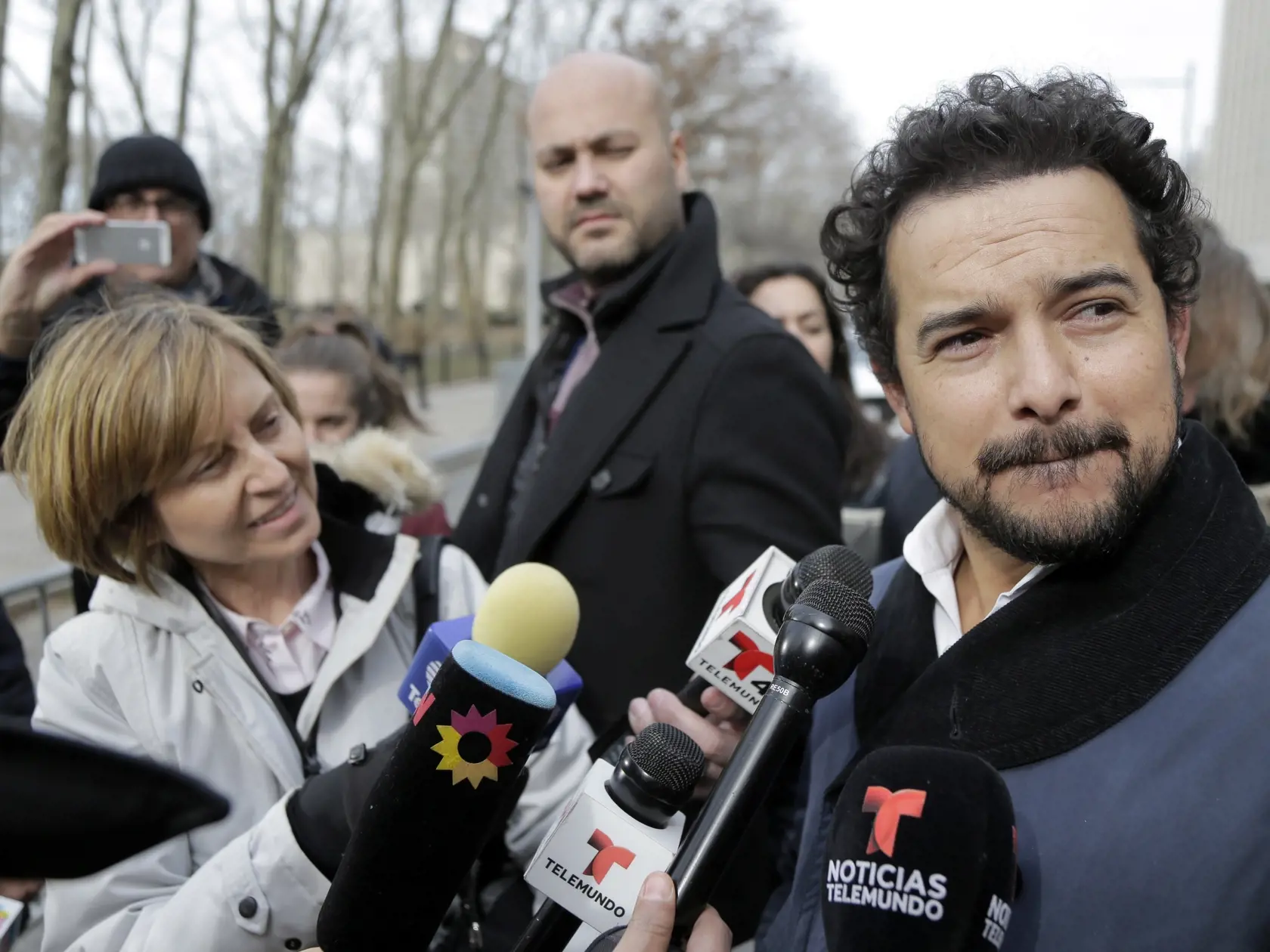 Actor Alejandro Edda talks to reporters outside federal court in the Brooklyn borough of New York, Monday, Jan. 28, 2019. The actor, who portrayed the notorious drug lord El Chapo on a Netflix series, appeared at the kingpin's trial. (AP Photo/Seth Wenig)