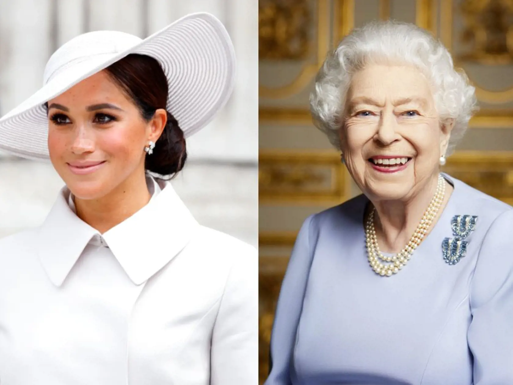 Meghan (vľavo) a kráľovná Alžbeta II. (vpravo)