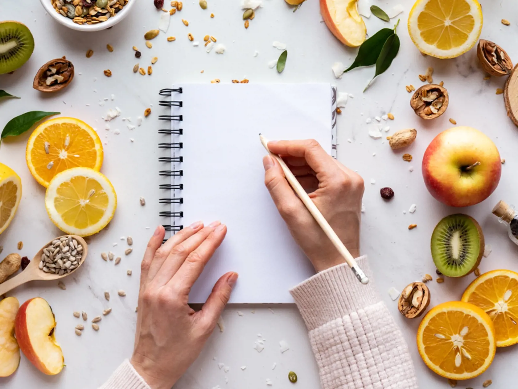 Female,Hand,Write,In,Notebook,On,Healthy,Food,Background,,Women