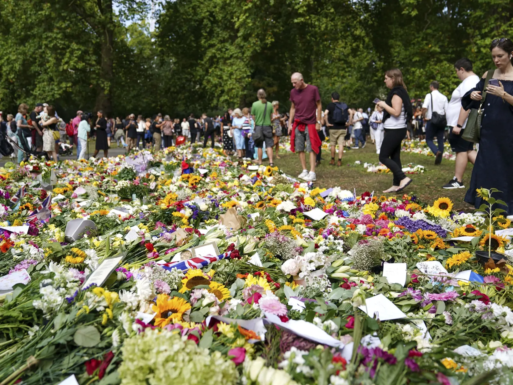 JB 50 Londýn - Verejnosť sa pozerá na kvety položené v parku Green Park pri Buckinghamskom paláci v Londýne 12. septembra 2022. Na oficiálnej webovej stránke britskej kráľovskej rodiny bola zriadená virtuálna kondolenčná kniha na pamiatku zosnulej britskej kráľovnej Alžbety II. Agentúra TASR o tom informuje na základe správy britskej stanice BBC. Kráľovná Alžbeta II. zomrela vo štvrtok 8. septembra popoludní vo svojom škótskom sídle Balmoral. Bola najdlhšie vládnucim monarchom v dejinách Británi