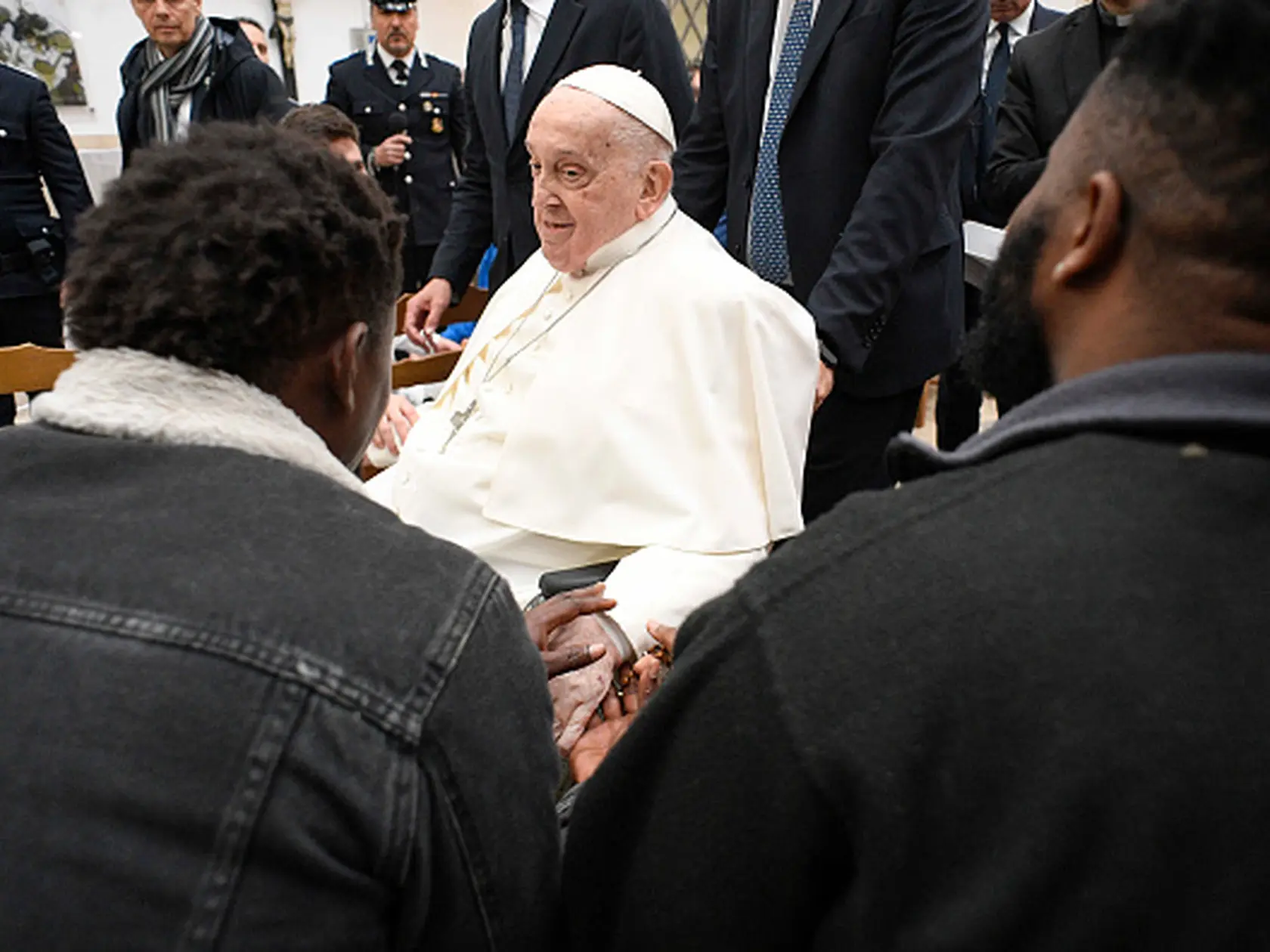 ROME, ITALY- APRIL 17:  (EDITOR NOTE: STRICTLY EDITORIAL USE ONLY - NO MERCHANDISING). Pope Francis visits Rome's Regina Coeli prison on Holy Thursday on April 17, 2025 in Rome , Italy. Since becoming pontiff in 2013, Francis has marked Holy Thursday by celebrating Mass in jails - including Regina Coeli in 2018 - and washing the feet of prisoners. (Photo by Vatican Media via Vatican Pool/Getty Images)