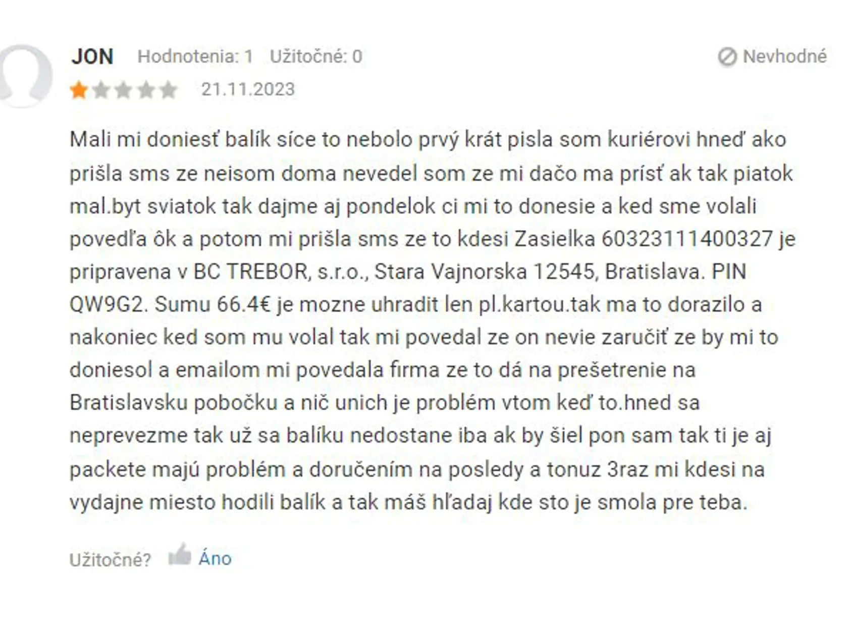 Negatívne recenzie zákazníkov s kuriérskou spoločnosťou.