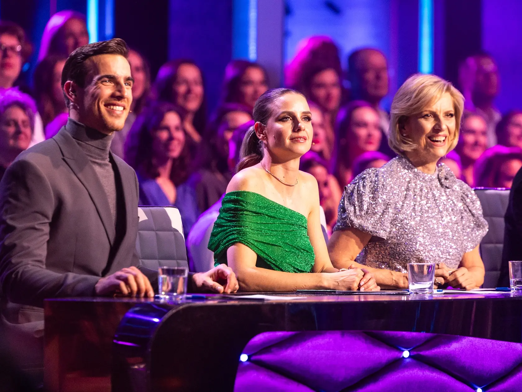 Na snímke porota Tatiana Drexler, Adam Bardy, Nela Pocisková počas piateho  kola Let's dance 2025.