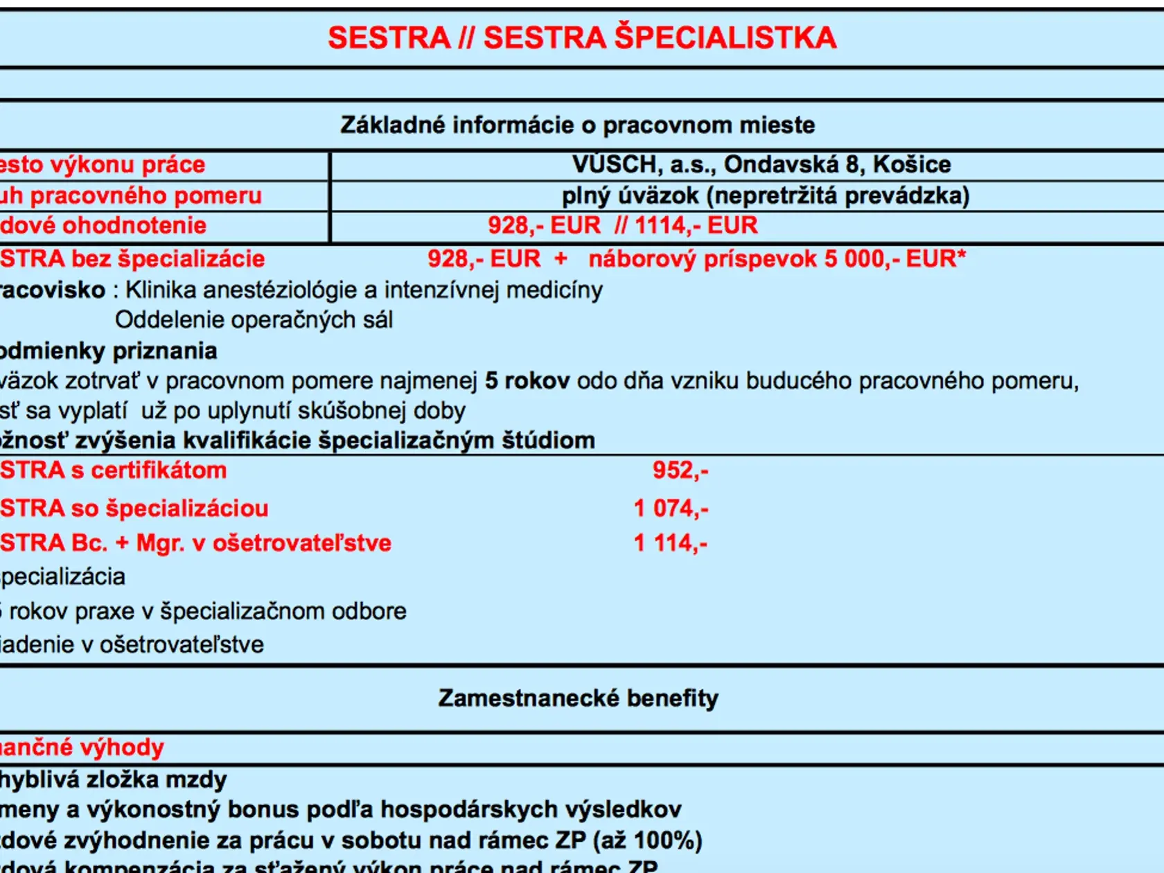 Ako náborový prííspevok pre zdravotnú sestru ponúkal VÚSCH až 5-tisíc eur.