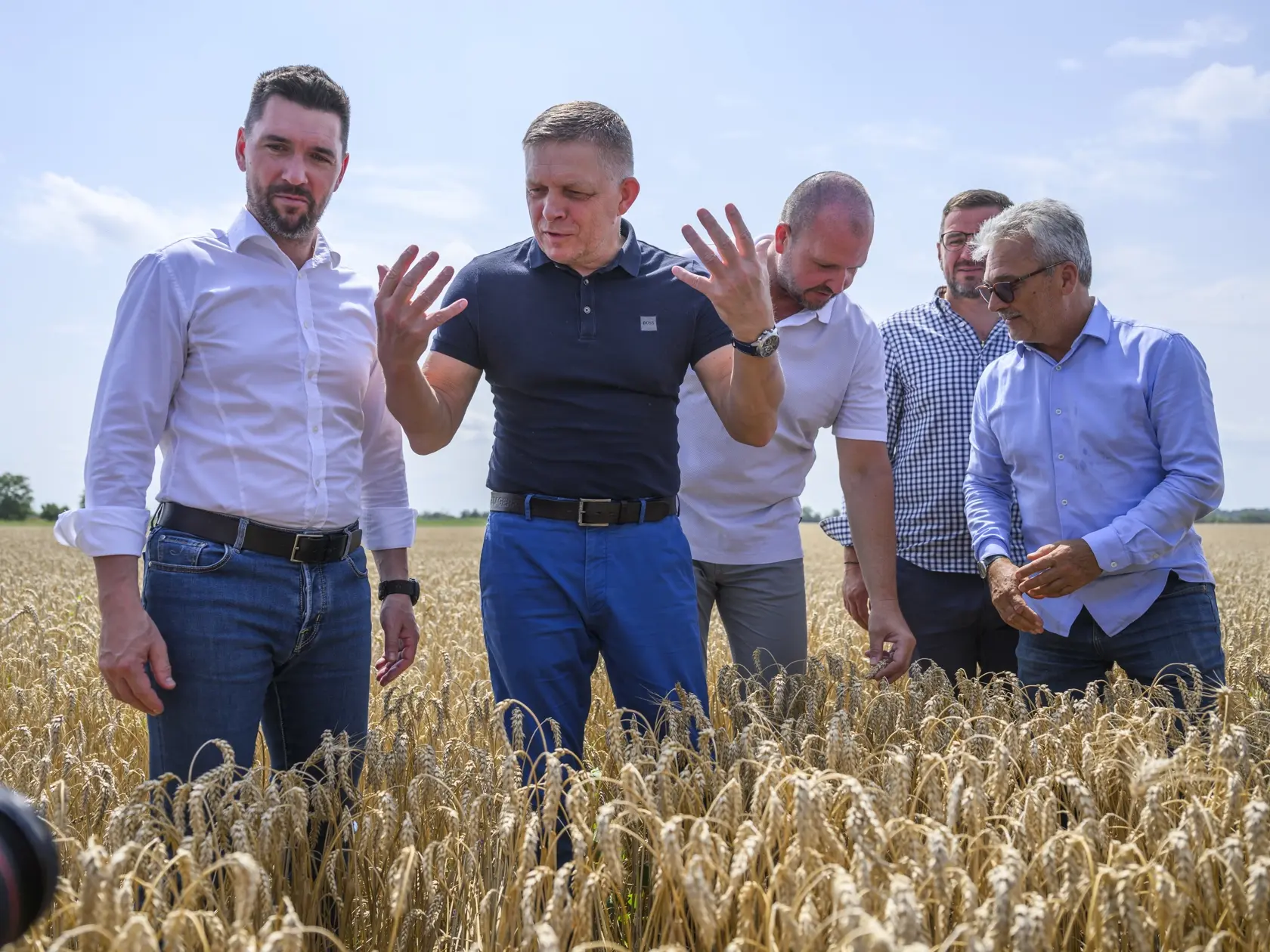Na snímke zľava minister pôdohospodárstva a rozvoja vidieka SR Richard Takáč (Smer-SD), predseda vlády SR Robert Fico (Smer-SD), predseda Slovenskej poľnohospodárskej a potravinárskej komory (SPPK) Andrej Gajdoš a podpredseda SPPK Emil Macho pózujú v žite počas  žatvy na poľnohospodárskom družstve Agro Voderady v obci Slovenská Nová Ves v okrese Trnava v pondelok 8. júla 2024. FOTO TASR - Jaroslav Novák