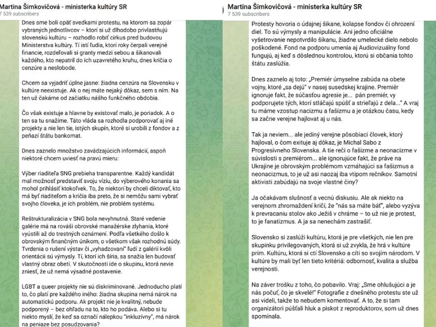 Ministerka kultúry Martina Šimkovičová reragovala na protesty, ktoré sa konali pod oknami jej ministerstva. Dala si záležať a veľmi podrobne reagovala na každý detail.