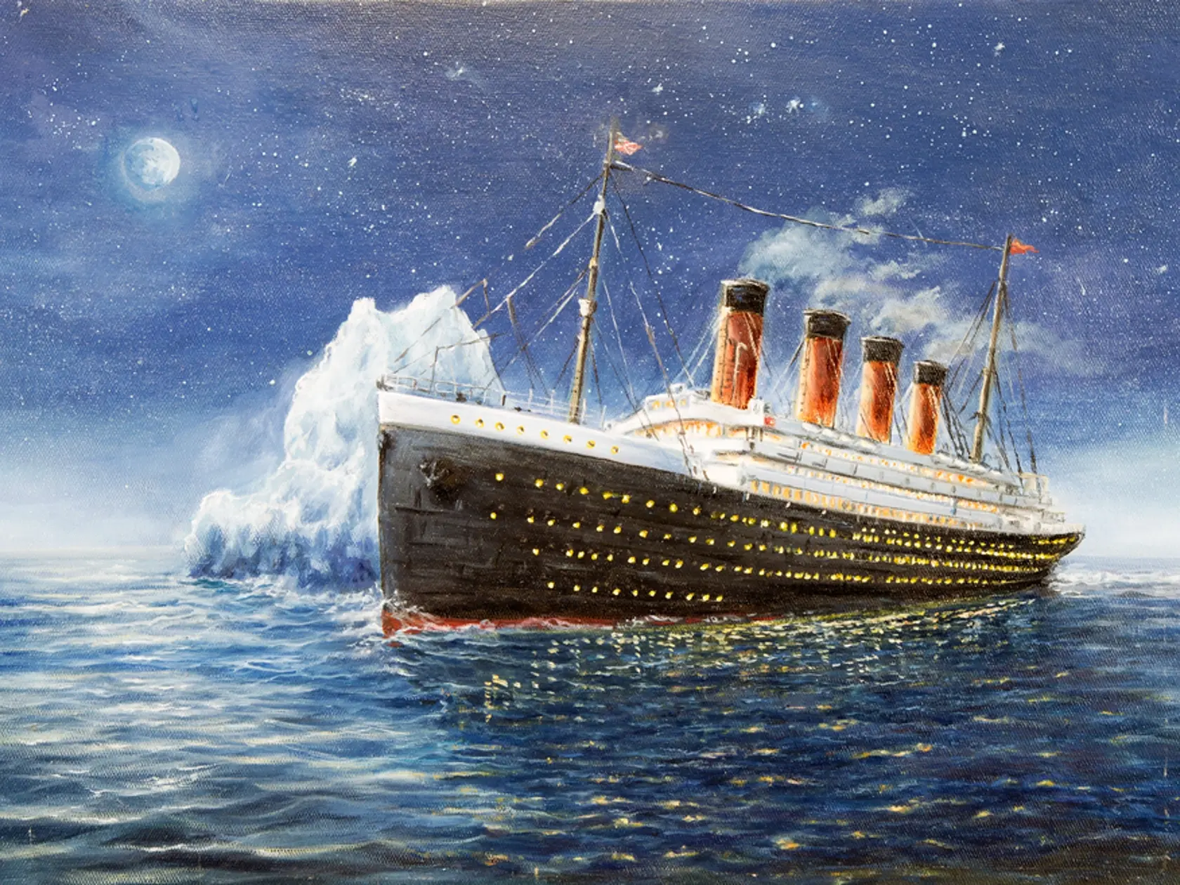 Original,Oil,Painting,Of,Titanic,And,Iceberg,In,Ocean,At