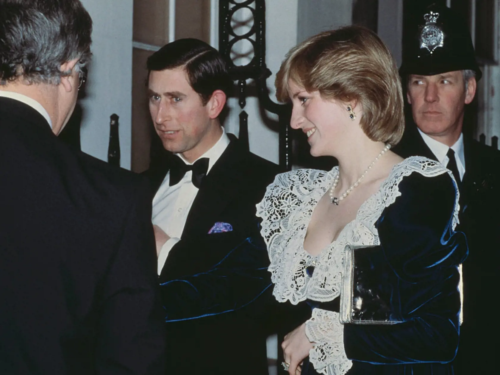 Prince Charles and the Princess of Wales (1961 - 1997, later Diana, Princess of Wales) arrive for a British Film Institute dinner at 11 Downing Street, the official residence of the Chancellor of the Exchequer, 2nd February 1982. Diana wears a lace and velvet gown by Bellville Sassoon. (Photo by Central Press/Hulton Archive/Getty Images)