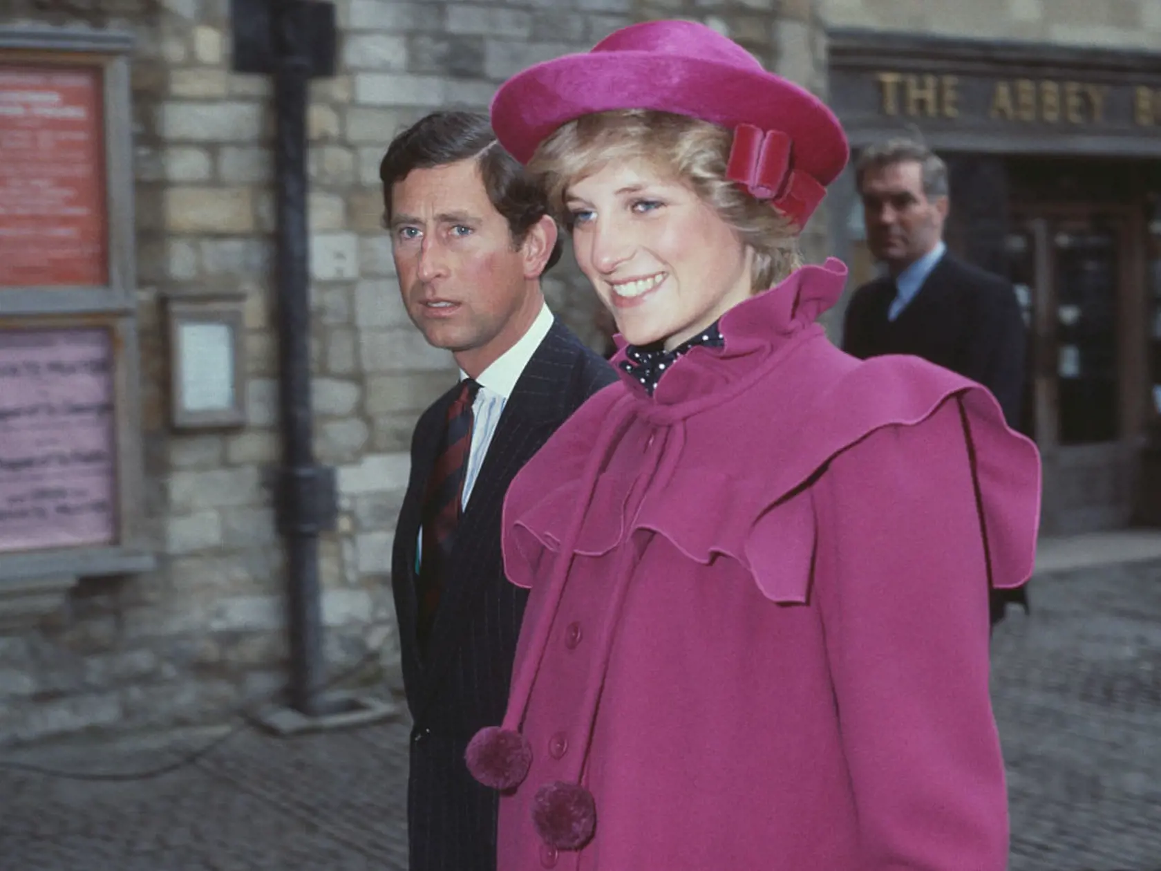 Prince Charles and the Princess of Wales (1961 - 1997, later Diana, Princess of Wales) at Westminster Abbey, London, for a centenary service for the Royal College Of Music, 28th February 1982. (Photo by Fox Photos/Hulton Archive/Getty Images)