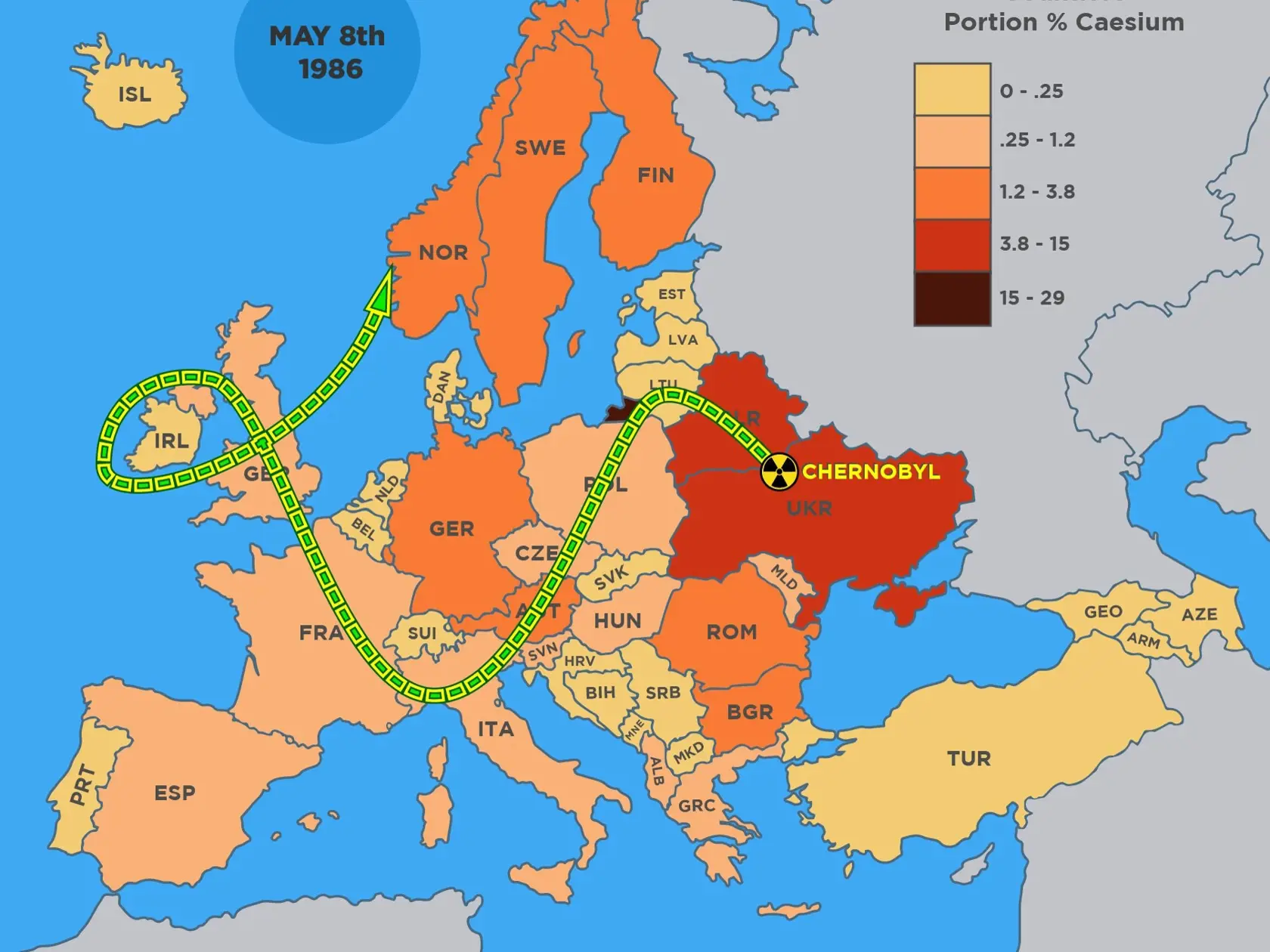 Mapa pohybu rádioaktívneho oblaku po Európe.