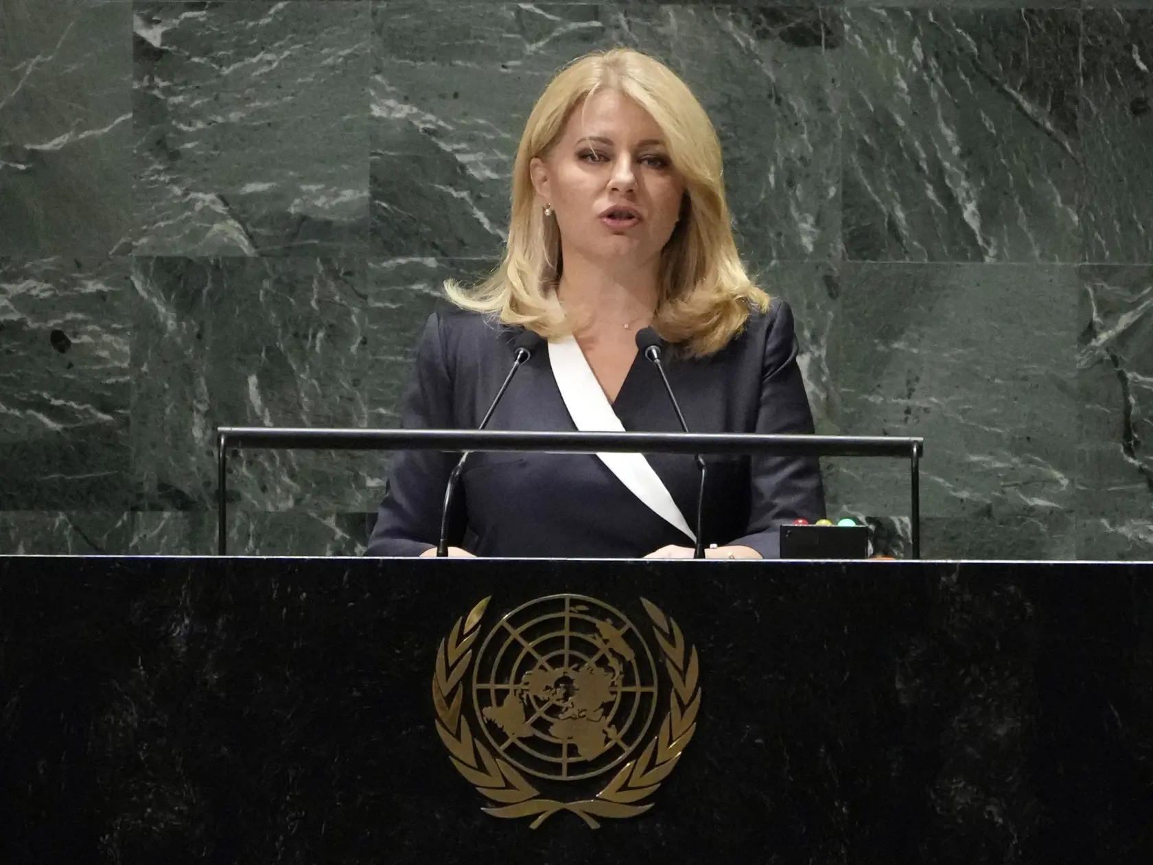 Slovenská prezidentka Zuzana Čaputová reční počas rozpravy na 78. zasadnutí Valného zhromaždenia Organizácie Spojených národov (OSN) v New Yorku v stredu 20. septembra 2023.