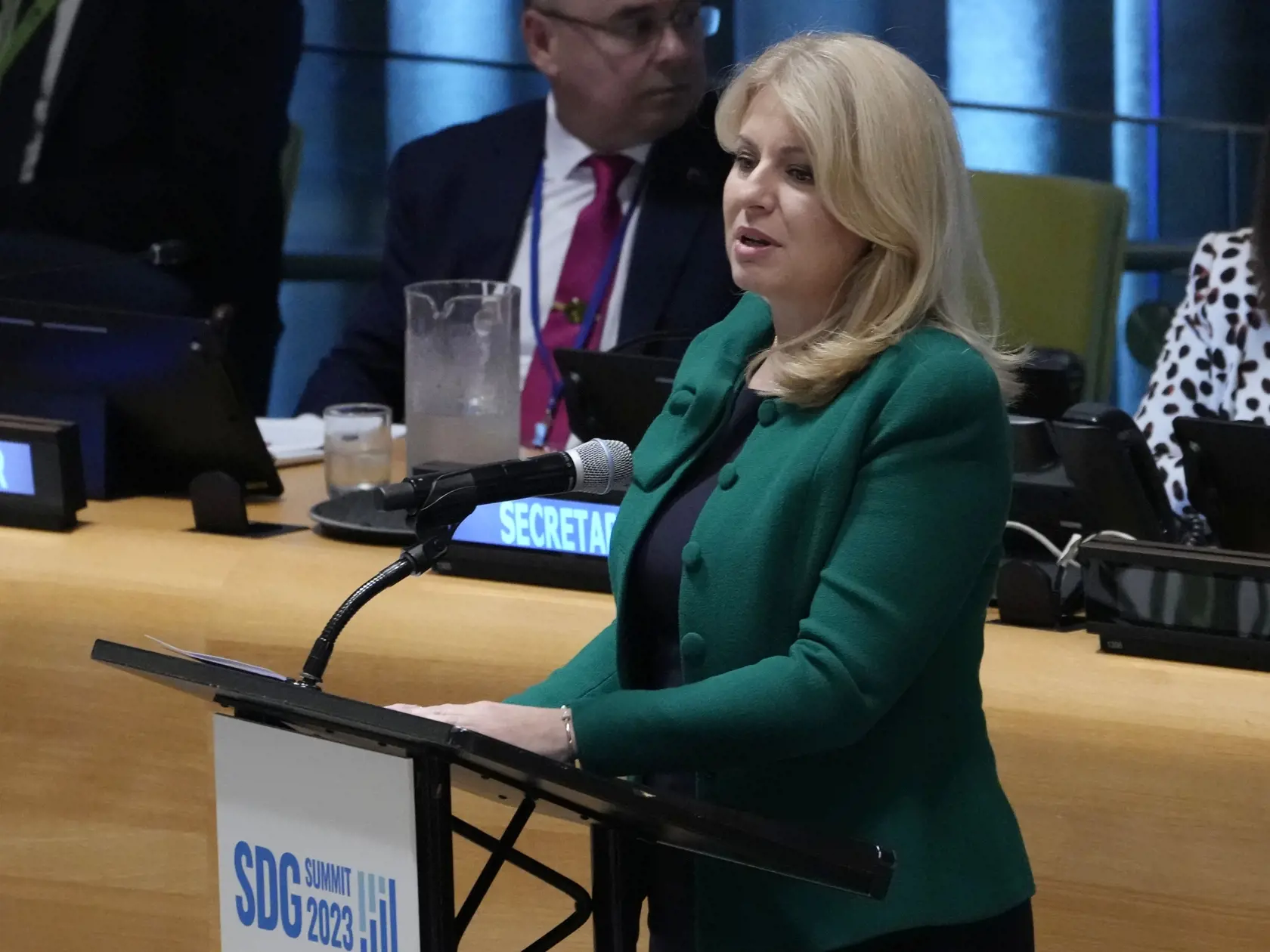 Slovenská prezidentka Zuzana Čaputová hovorí na summite trvalo udržateľného rozvoja, ktorý je jednou z najdôležitejších udalostí začiatku tohtoročného zasadnutia Valného zhromaždenia OSN 18. septembra 2023 v New Yorku.