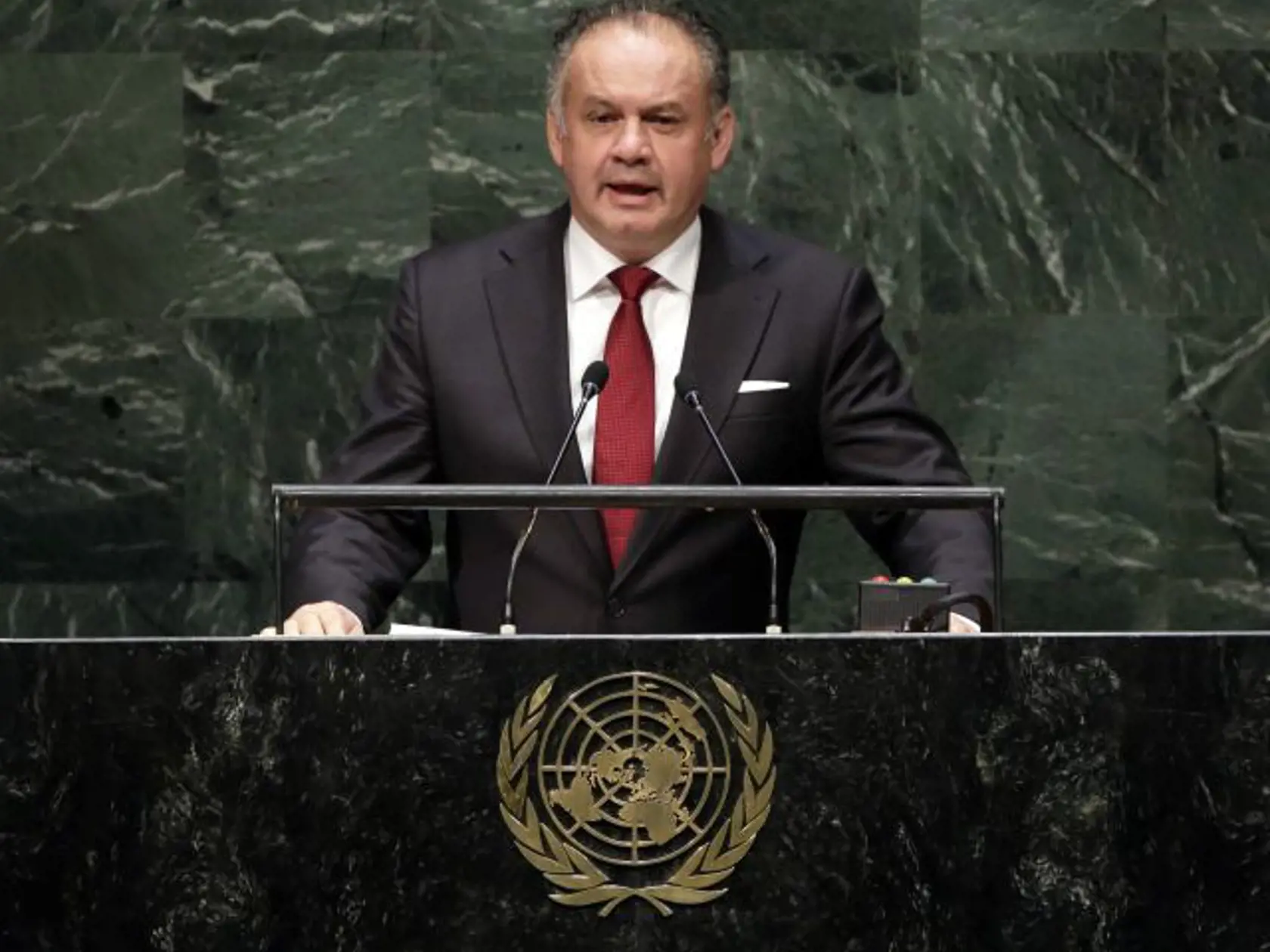 President Andrej Kiska, of Slovakia, addresses the 69th session of the United Nations General Assembly, at U.N. headquarters, Thursday, Sept. 25, 2014. (AP Photo/Richard Drew)
