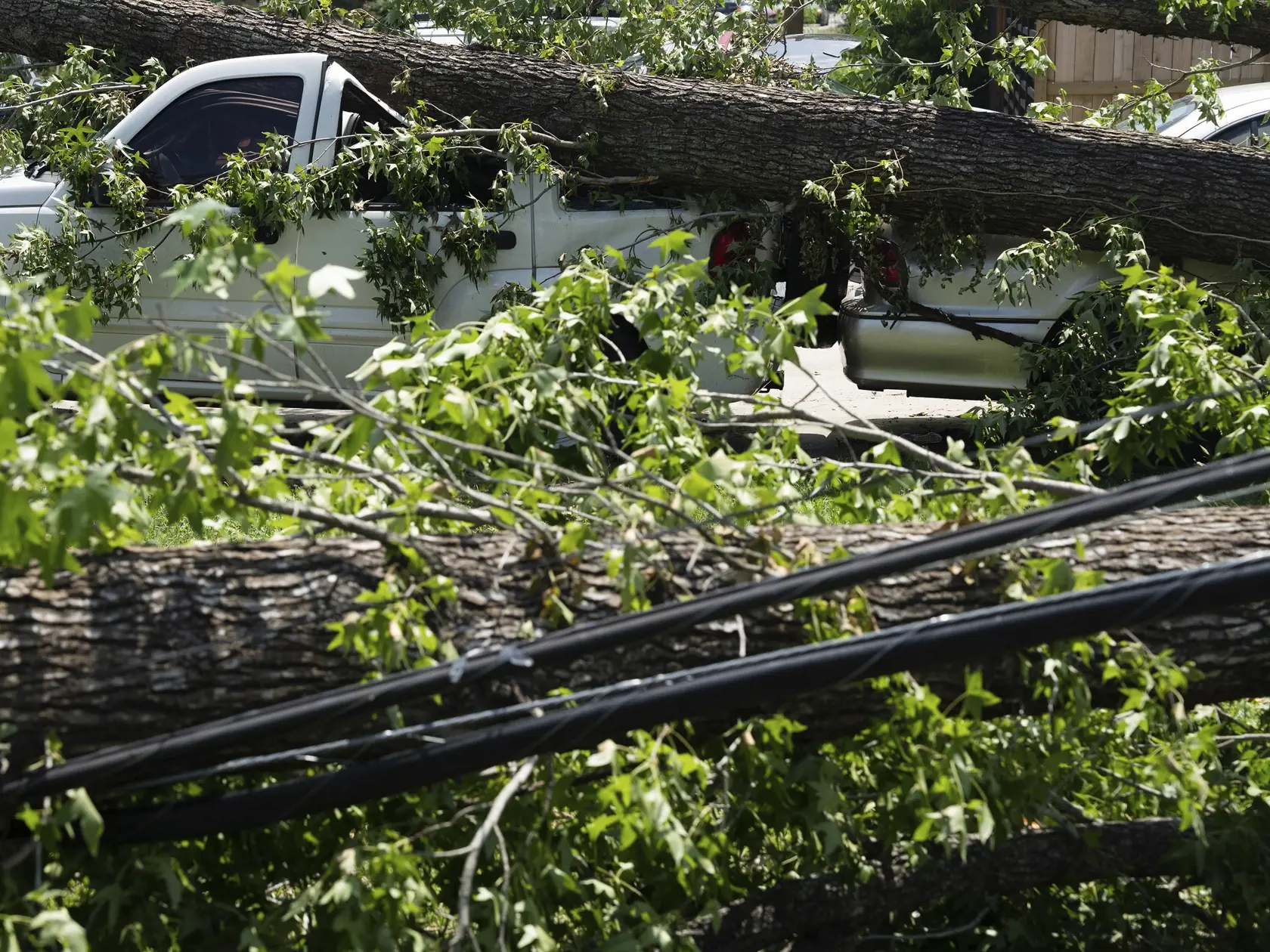 Poškodené elektrické vedenie a automobil spadnutými stromami po prechode hurikánu Beryl  v stredu 10. júla 2024 v Acres Homes v americkom Houstone. 

Tree branches that fell during Hurricane Beryl took down power lines and a Jeep in Acres Homes in Houston, on Wednesday, July 10, 2024. ( Elizabeth Conley/Houston Chronicle via AP)