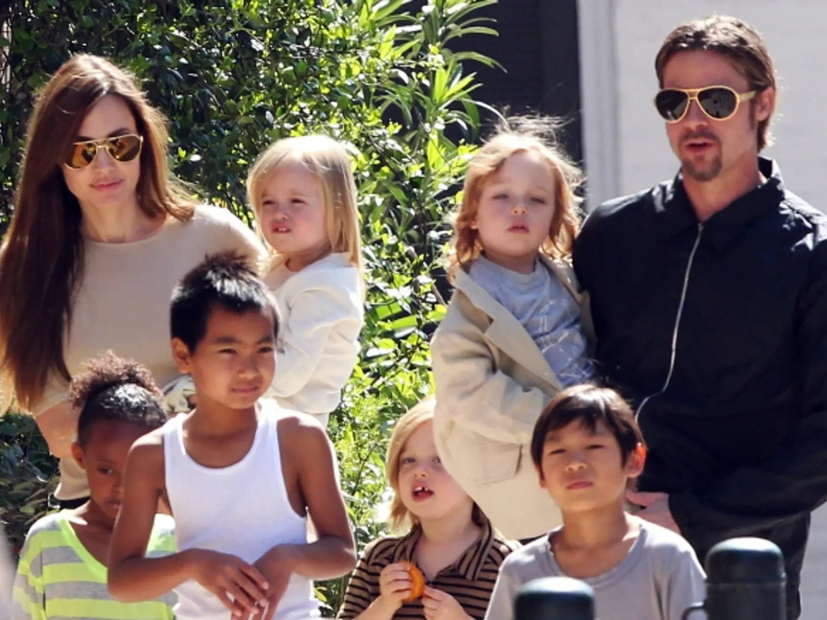 Kompletná Brangelina: V náručí rodičov dvojčatá Vivienne a Knox, dole zľava Zahara, Maddox, Shiloh a Pax.