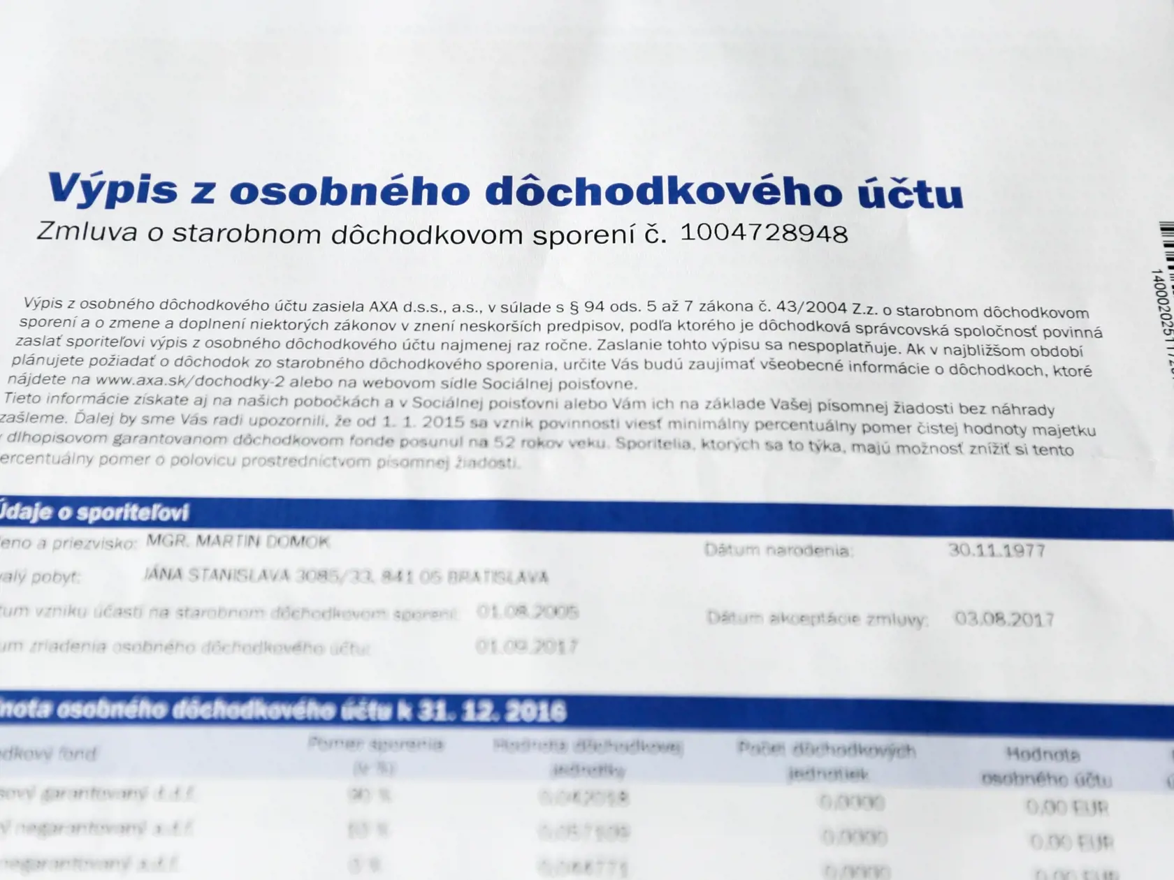 Na snímke výpis z dôchodkového fondu. Dôchodkové sociálne sporenie, druhý pilier. 