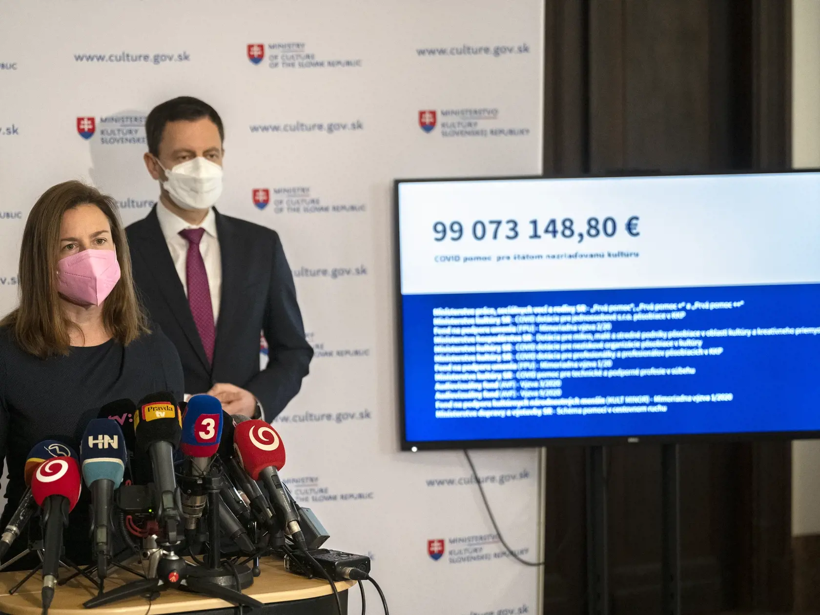 Na snímke vpravo predseda vlády SR Eduard Heger a ministerka kultúry SR Natália Milanová (obaja OĽANO) počas tlačovej konferencie k finančnej pomoci kultúre počas pandémie COVID-19 v pondelok 6. decembra 2021 v Bratislave. FOTO TASR - Pavel Neubauer