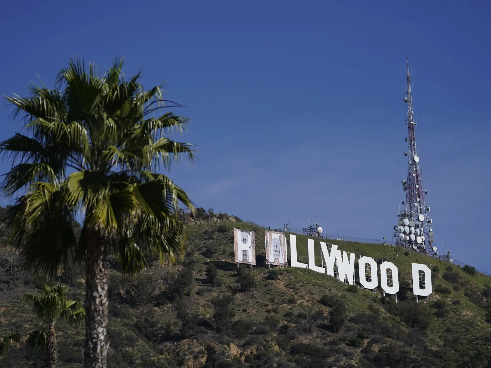 KK8 Los Angeles - Zamestnanci prekrývajú nápis Hollywood na "Rams House"  v Los Angeles 14. februára 2022. Ikonický nápis "Hollywood" nad americkým mestom Los Angeles zmenil na pár dní vizuálnu podobu. Na počesť víťazstva tamojšieho klubu Los Angeles Rams nad Cincinnati Bengals v nedeľnom Super Bowle zámorskej ligy amerického futbalu NFL ho v pondelok prekryli slovami "Rams House" (Domov Rams - pozn.). FOTO TASR/AP
Workers transform the Hollywood sign to read "Rams House" in Los Angeles on Monda