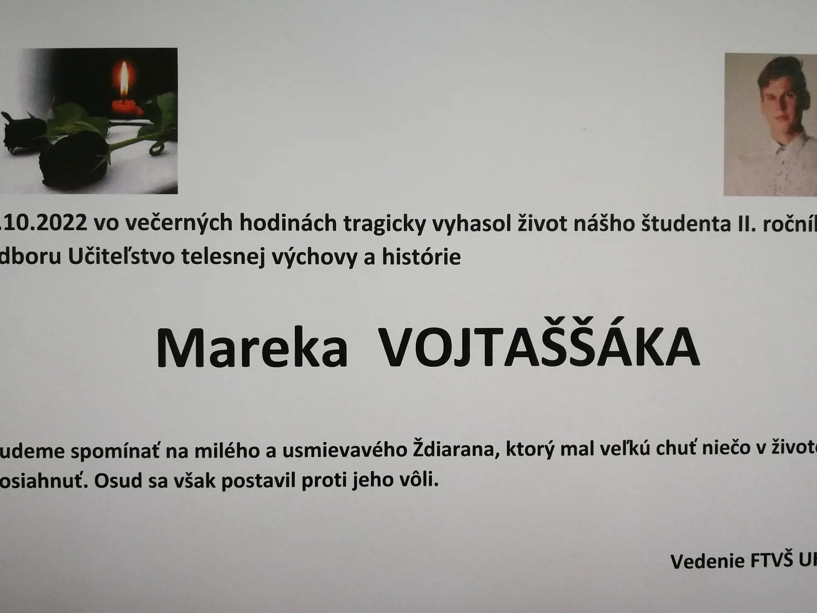 Vedenie FTVŠ uverejnilo na sociálnej sieti spomienku na vynikajúceho študenta Mareka.
