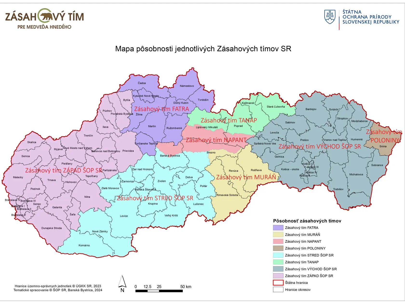 Mapa pôsobnosti jednotlivých Zásahových tímov pre medveďa hnedého