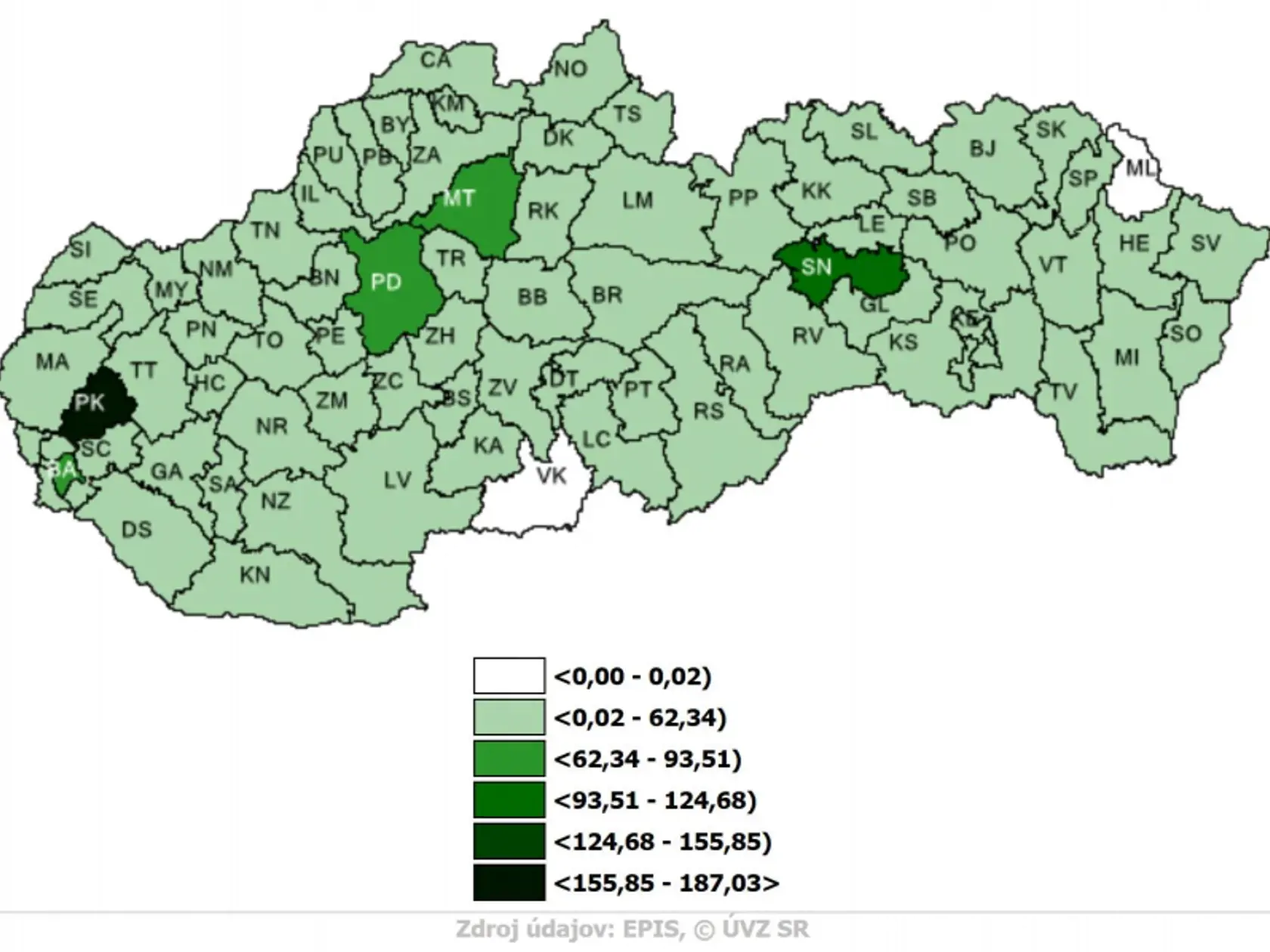 Počet pozitívnych osôb prepočítaný na 100 000 obyvateľov v každom okrese.
