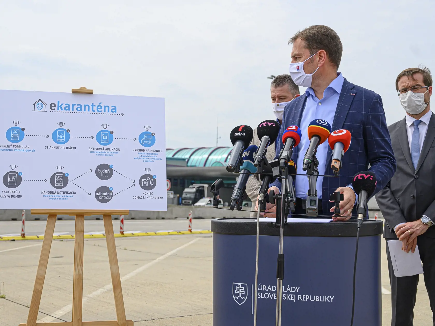 Na snímke zľava minister vnútra SR Roman Mikulec, predseda vlády SR Igor Matovič a minister zdravotníctva SR Marek Krajčí počas brífingu na tému:  Smart karanténa - inteligentné riešenie pre ľahší návrat zo zahraničia na diaľničnom hraničnom priechode Bratislava - Jarovce 19. mája 2020.  FOTO TASR - Michal Svítok