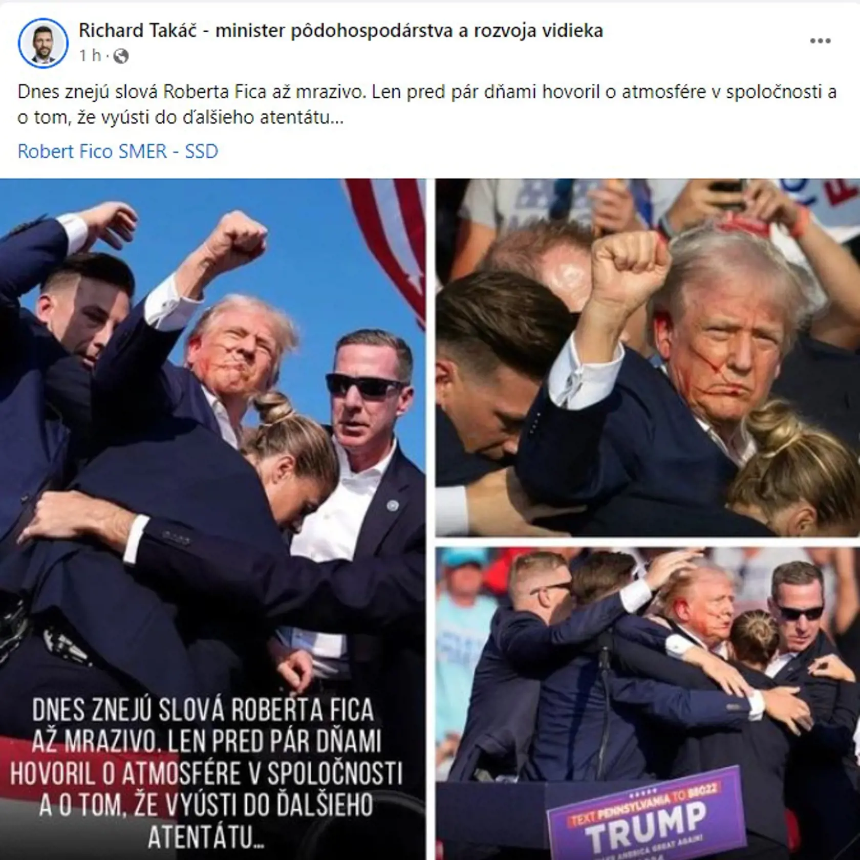 „Dnes znejú slová Roberta Fica až mrazivo. Len pred pár dňami hovoril o atmosfére v spoločnosti a o tom, že vyústi do ďalšieho atentátu…" - reagoval na útok na Donalda Trumpa minister pôdohospodárstva Richard Takáč.