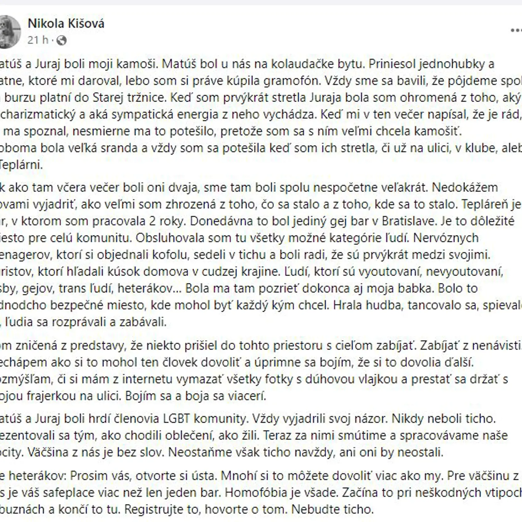 Kamarátka zastrelených mužov Matúša a Juraja napísala dojímavý status.