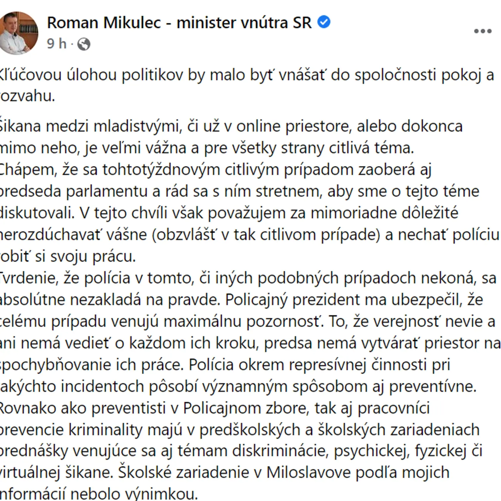 Status Romana Mikulca k incidentu v Miloslavove.