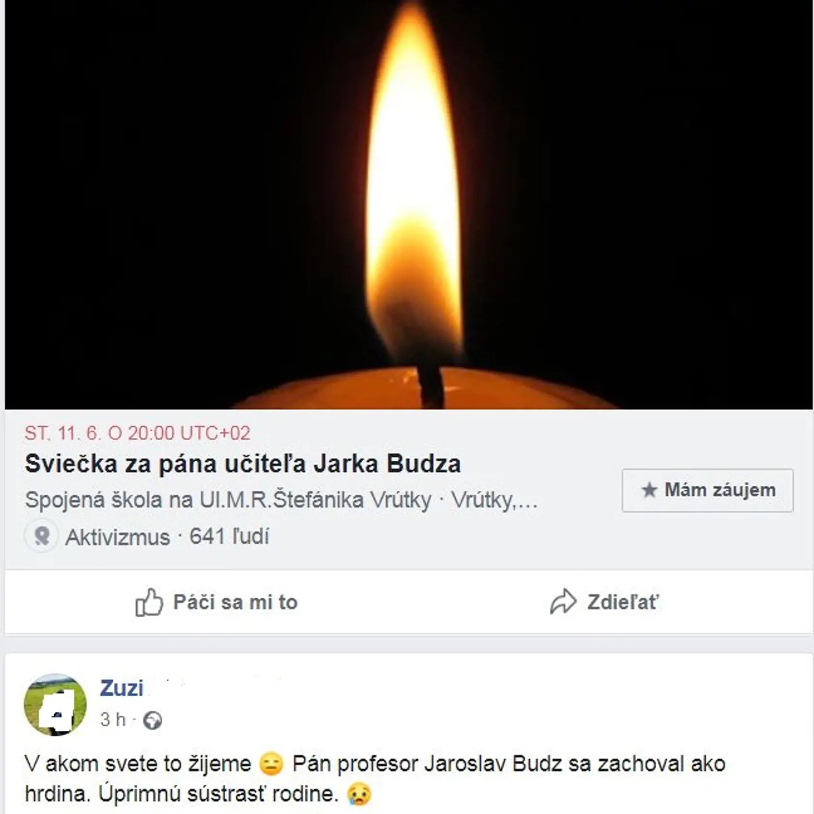 Dnes večer o 20,00 má byť vo Vrútkach spomienka na nebohého zástupcu J. Budza.