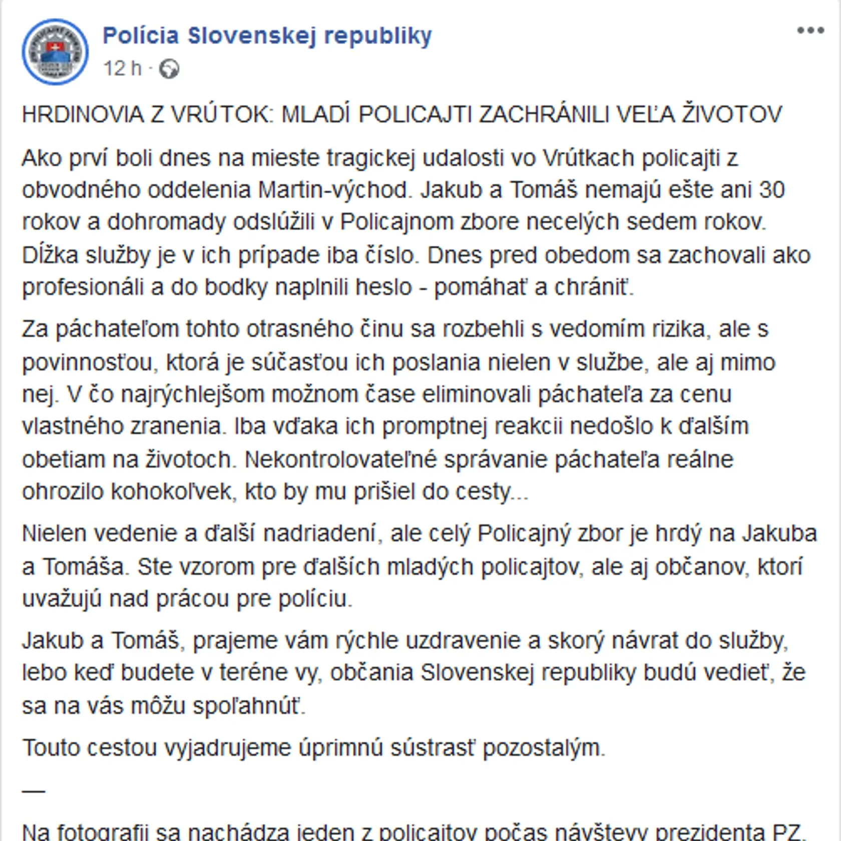 Facebookový status - Polícia Slovenskej republiky