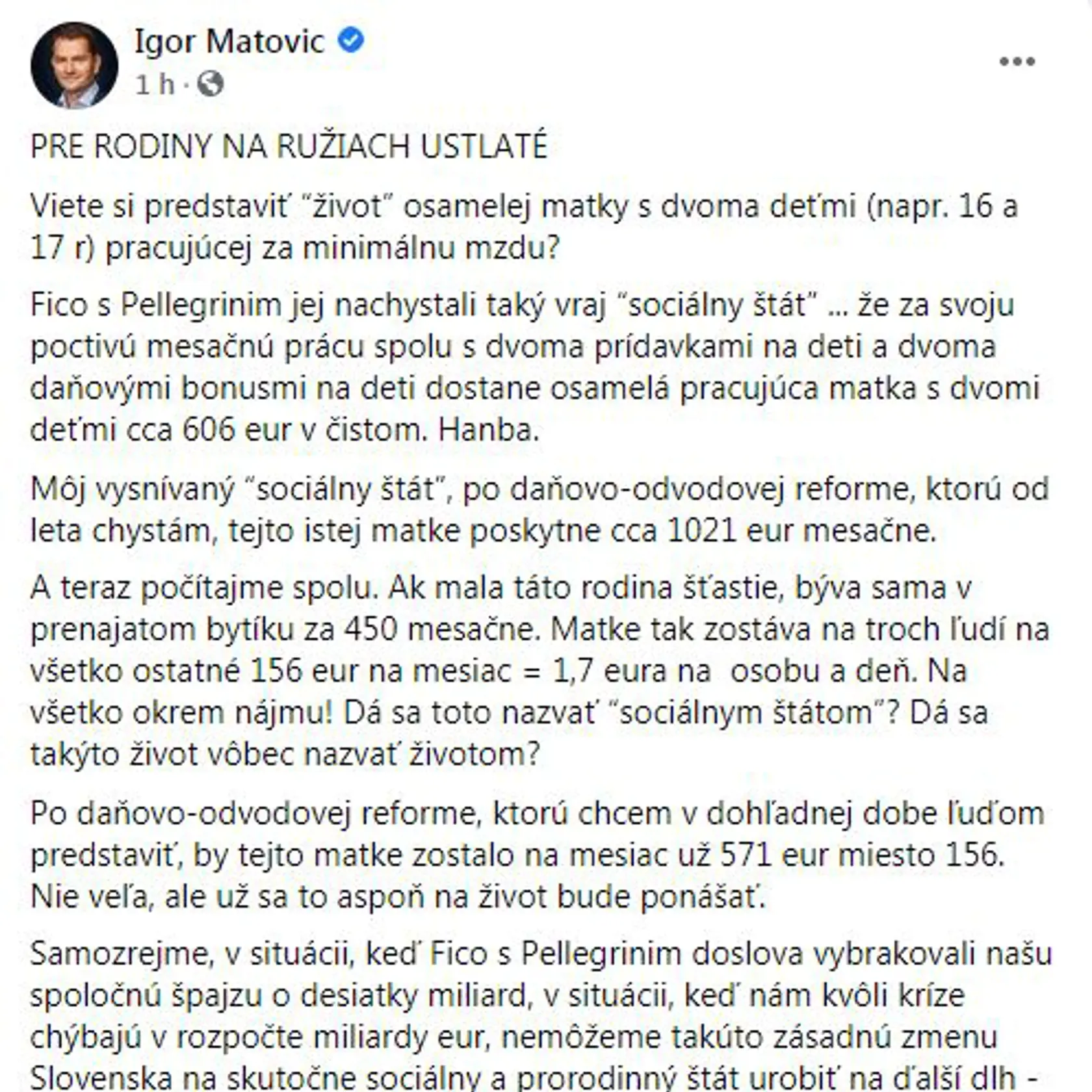 Igor Matovič si napísal k zvyšovaniu rodičovského príplatku a zároveň aj daní dlhý status.