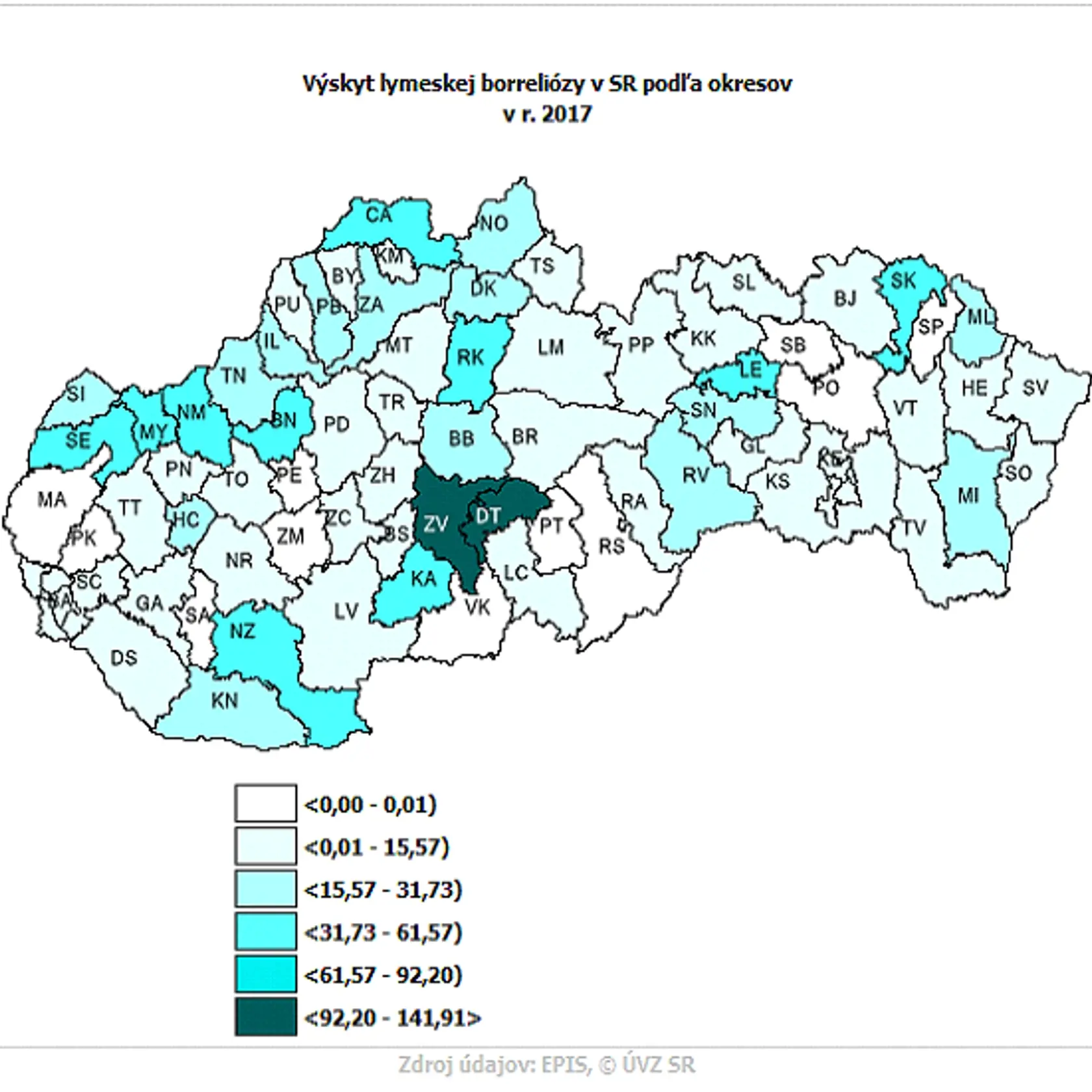 Chorobnosť na lymskú boreliózu na 100-tisíc obyvateľov.