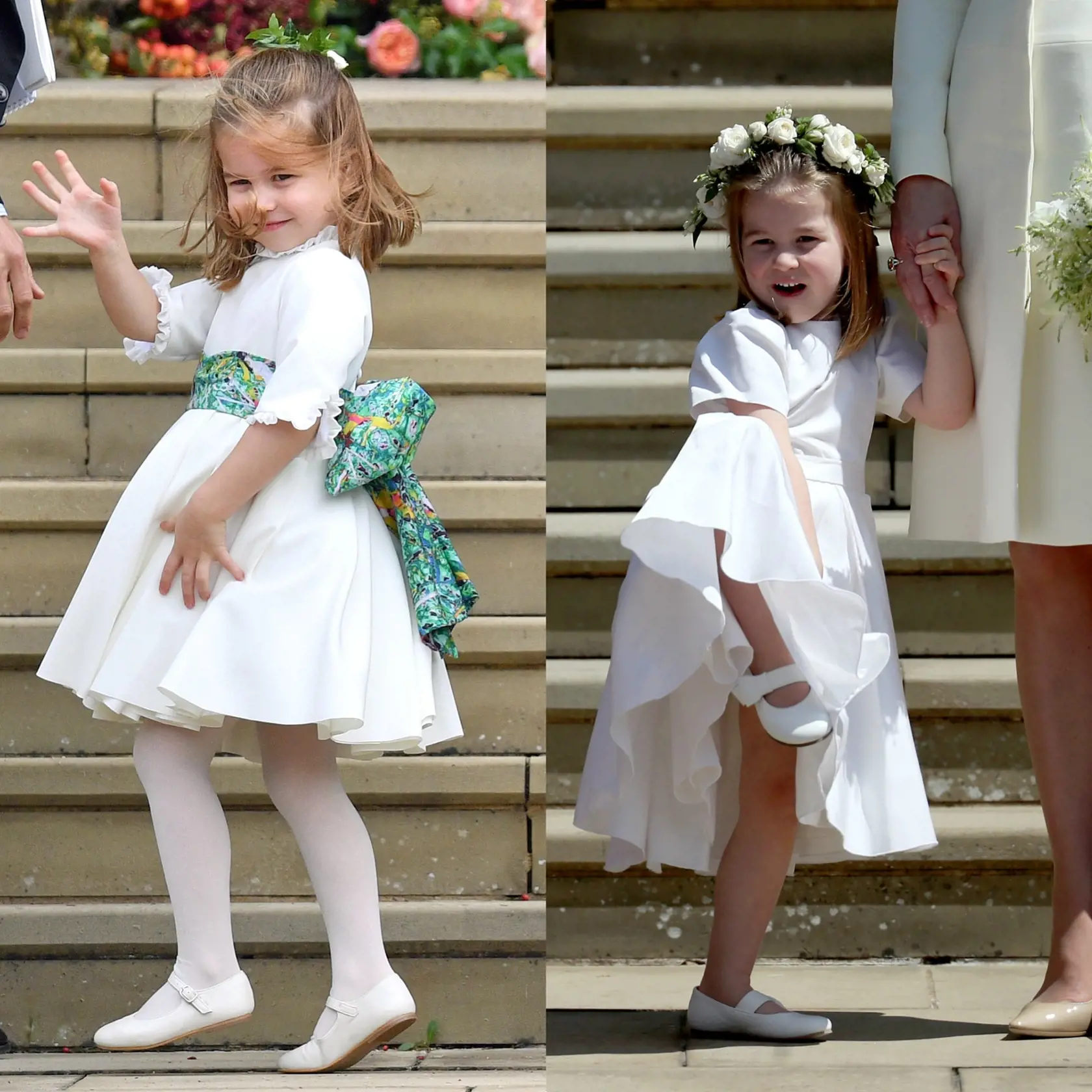 Princezná Charlotte s pančuchami na svadbe princeznej Eugenie (vľavo) ale nie na svadbe Meghan (vpravo).