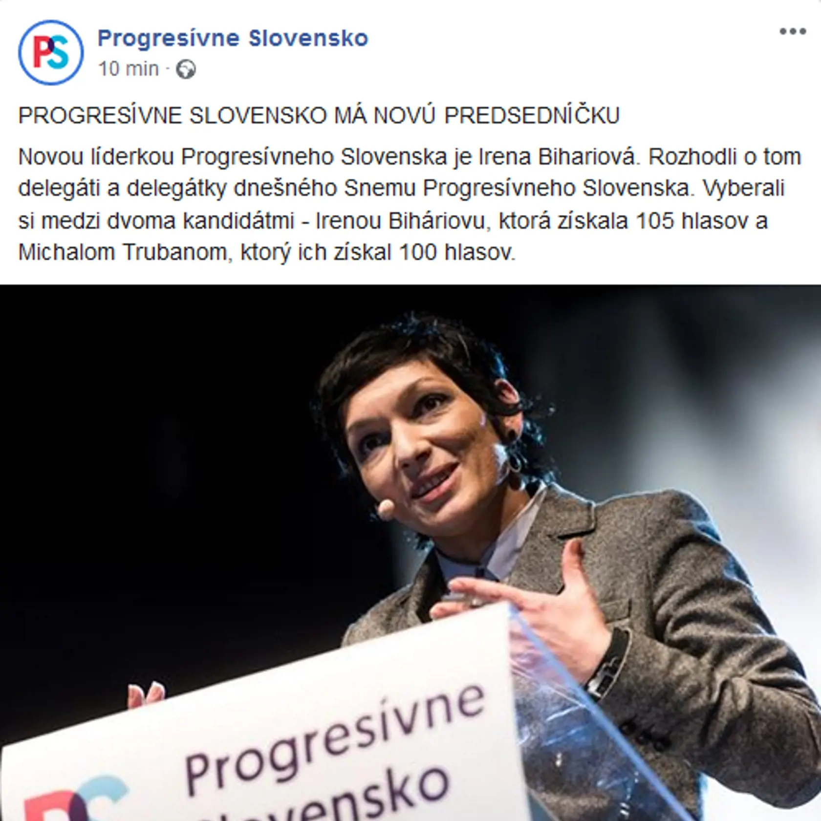 Líderkou Progresívneho Slovenska je Irena Bihariová