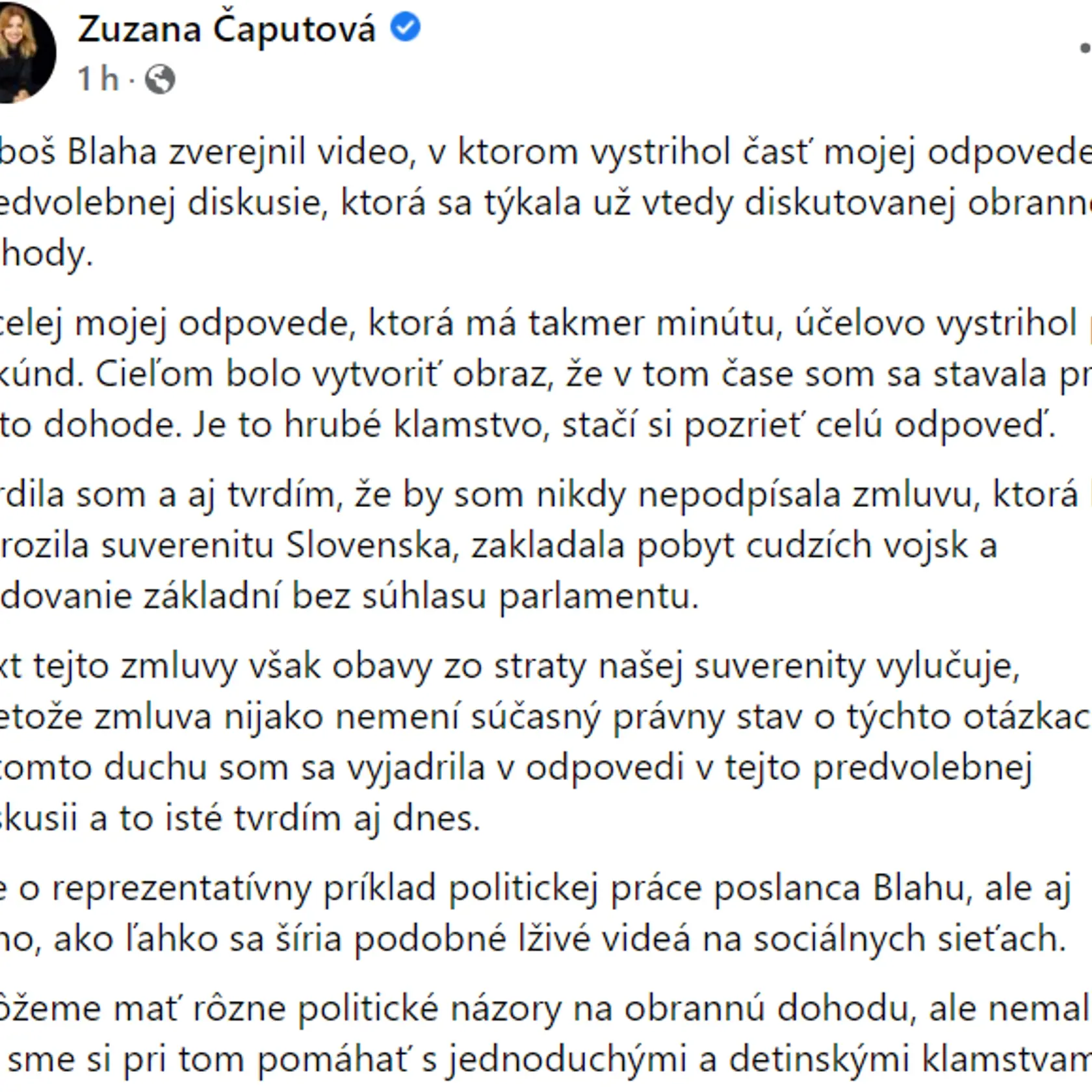 Reakcia Zuzany Čaputovej na status Ľuboša Blahu.