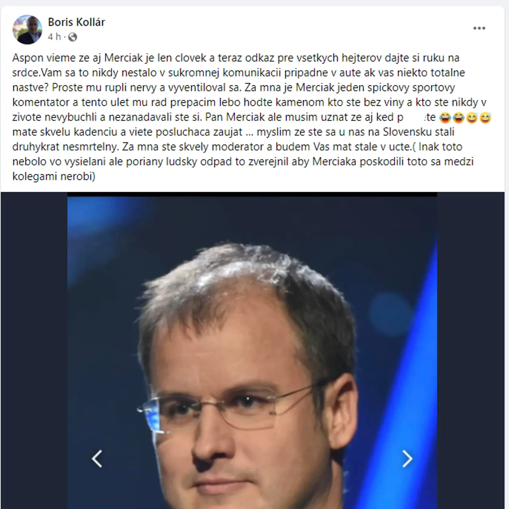 Status Borisa Kollár k výrokom moderátora Marcela Merčiaka.