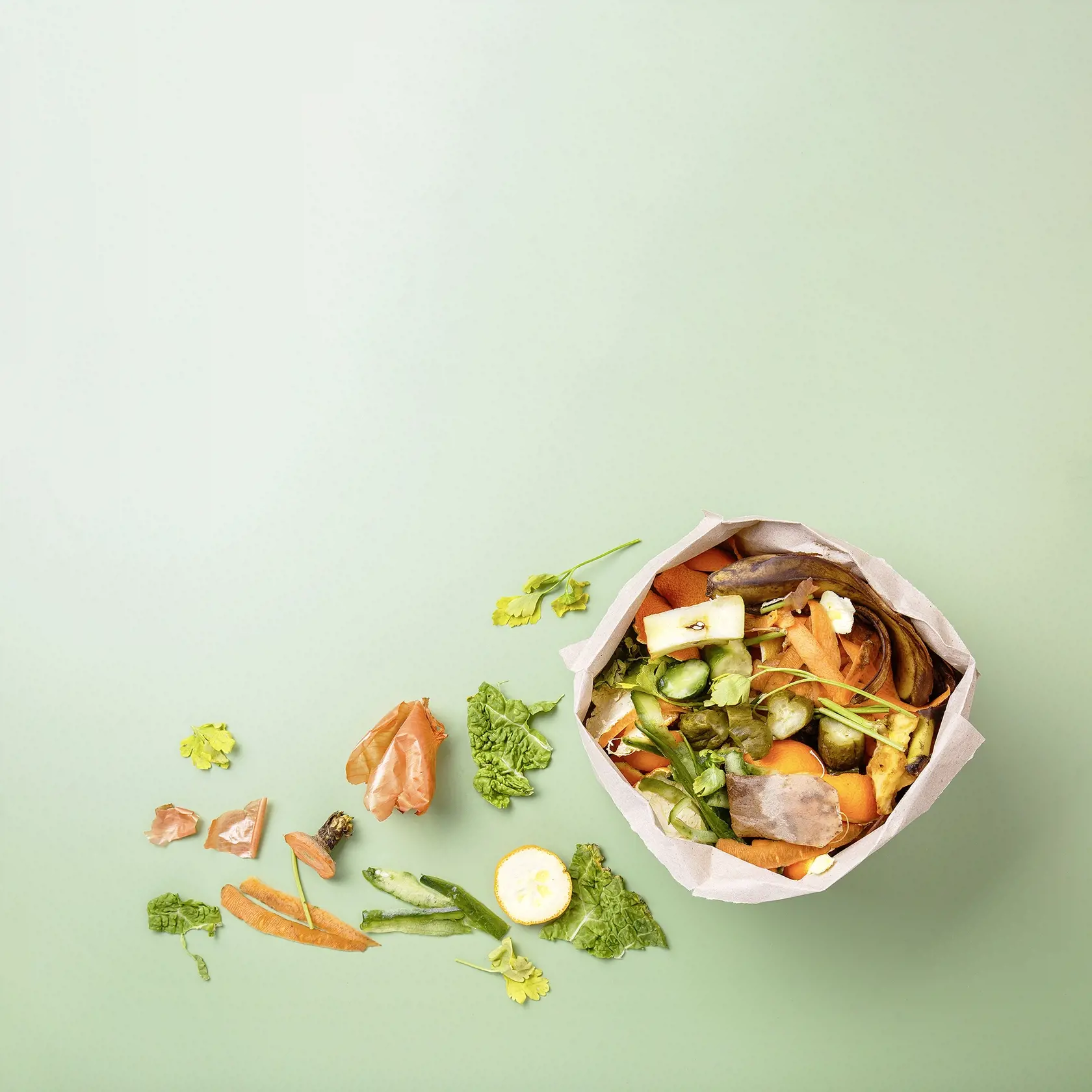 Sorted kitchen waste in paper eco bag on green background. Compost-container. Sustainable life style. Vegetable and fruit peels, scraps from food preparation collected in trash-pack for recycling