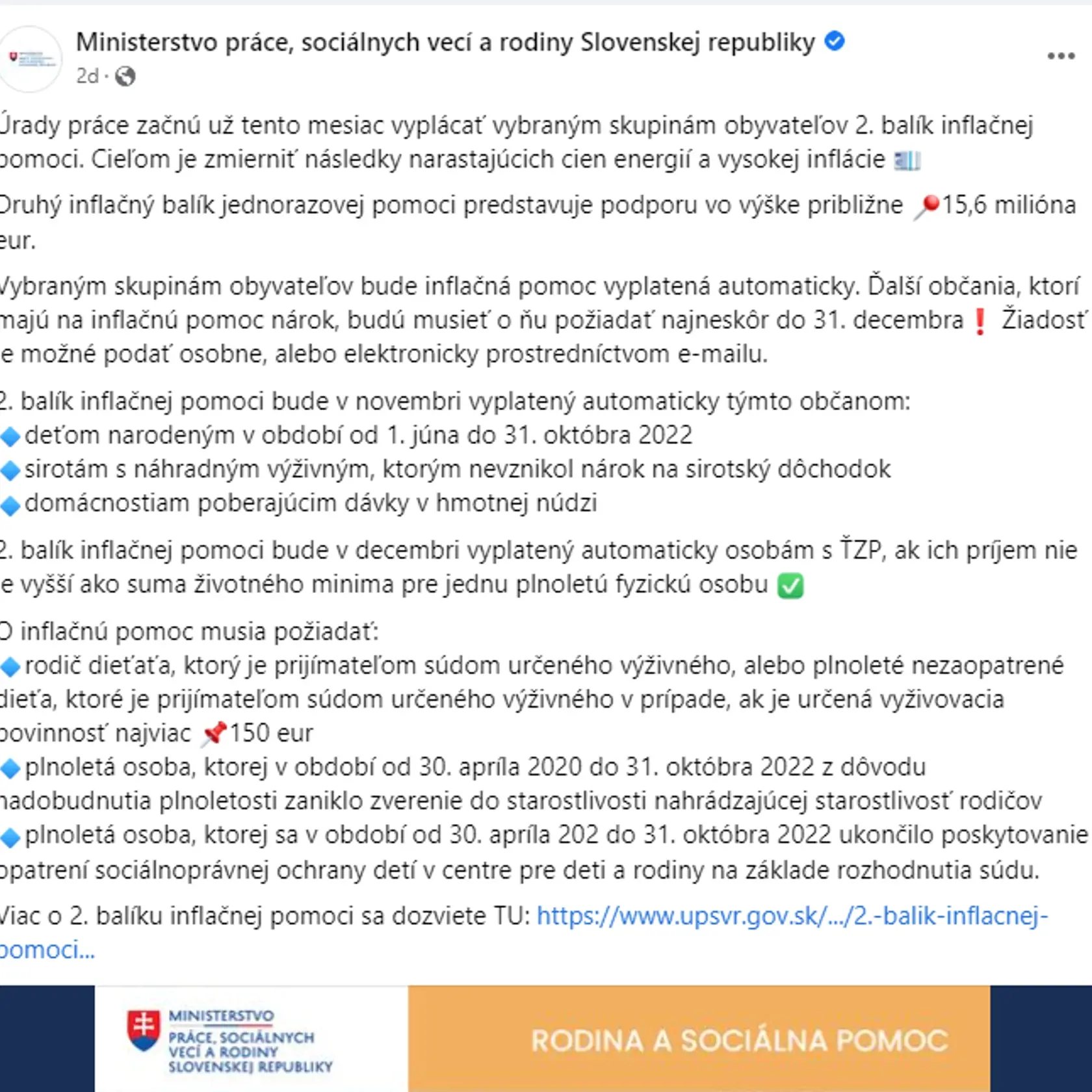 Úrady práce začnú už tento mesiac vyplácať vybraným skupinám obyvateľov 2. balík inflačnej pomoci.