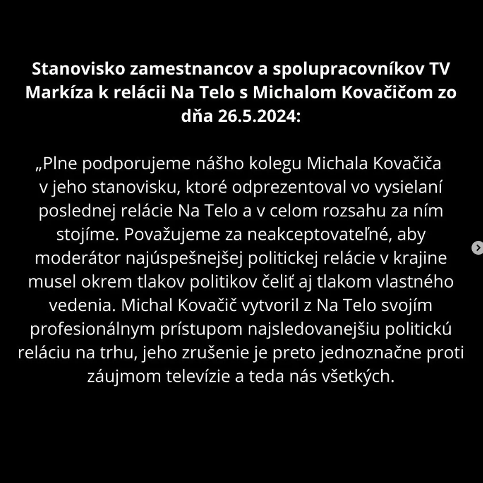 Viktor Vincze sa postavil za Michala Kovačiča a sním aj ďalší kolegovia z televízie. Toto je znenie ich "podpory".