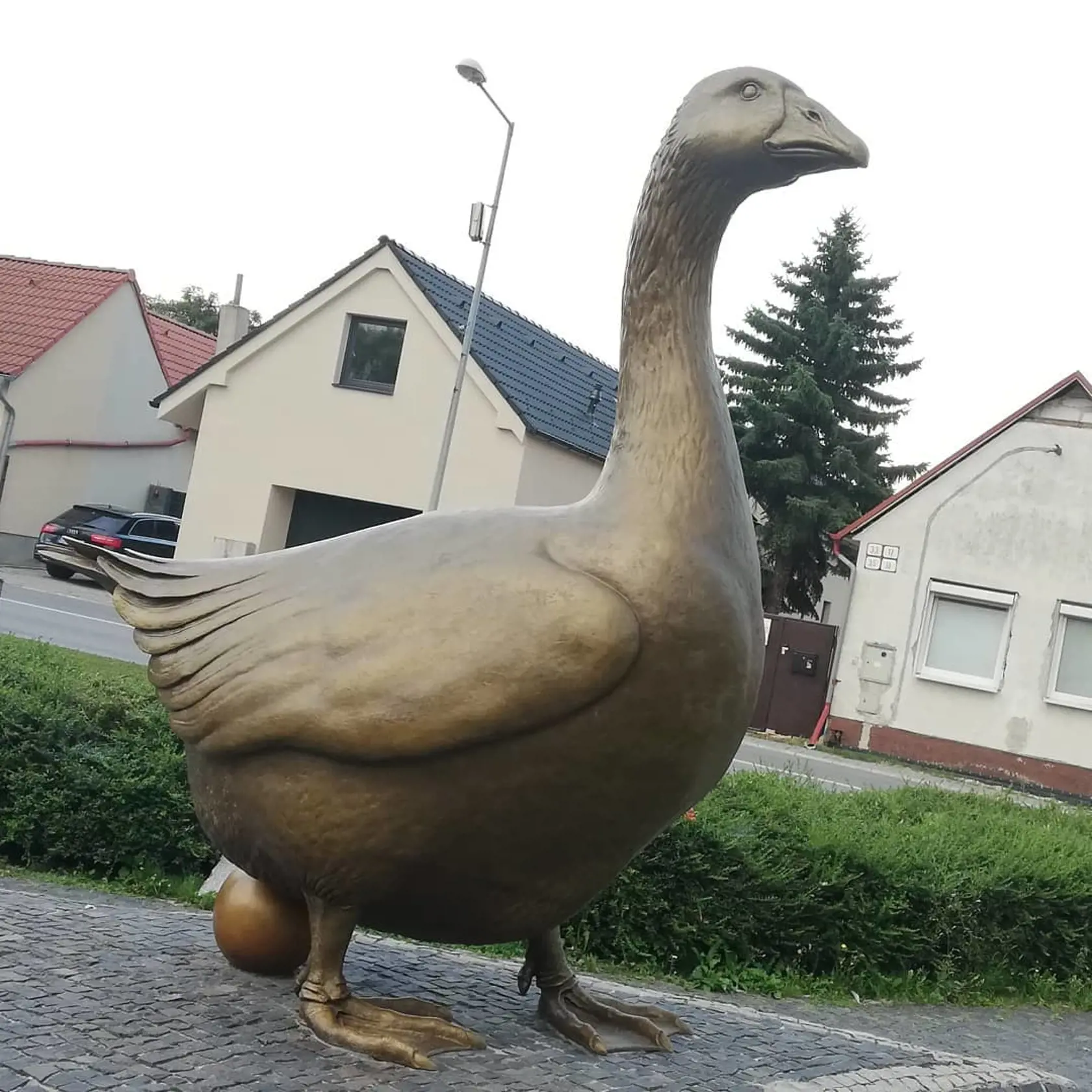 Symbol Slovenského Grobu takmer trojmetrová hus. Niektorí práve tam zamieria na husacie hody.