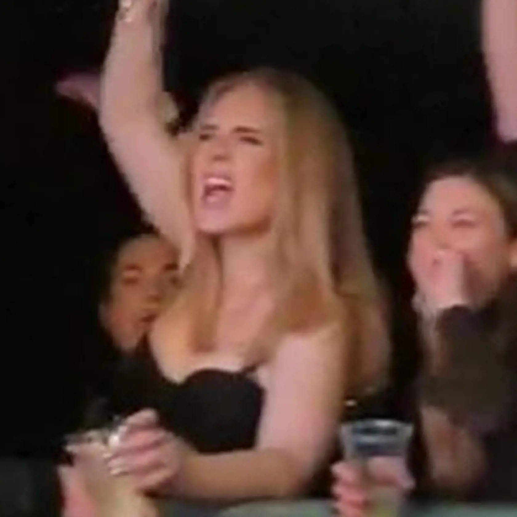Adele si spočiatku tancovala len vo svojom VIP boxe, avšak bez saka, iba v podprsenke a s pohárikom v ruke.