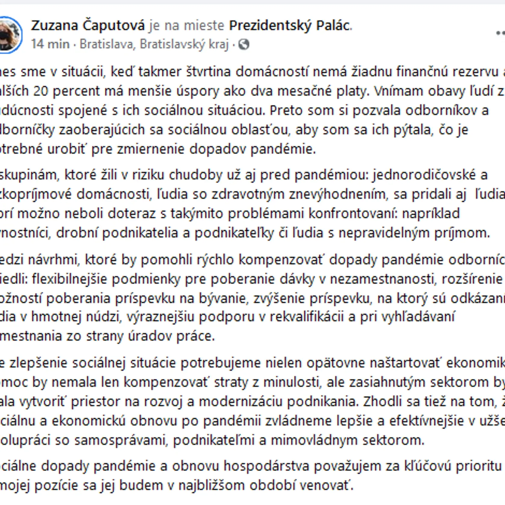 Facebookový status prezidentky.