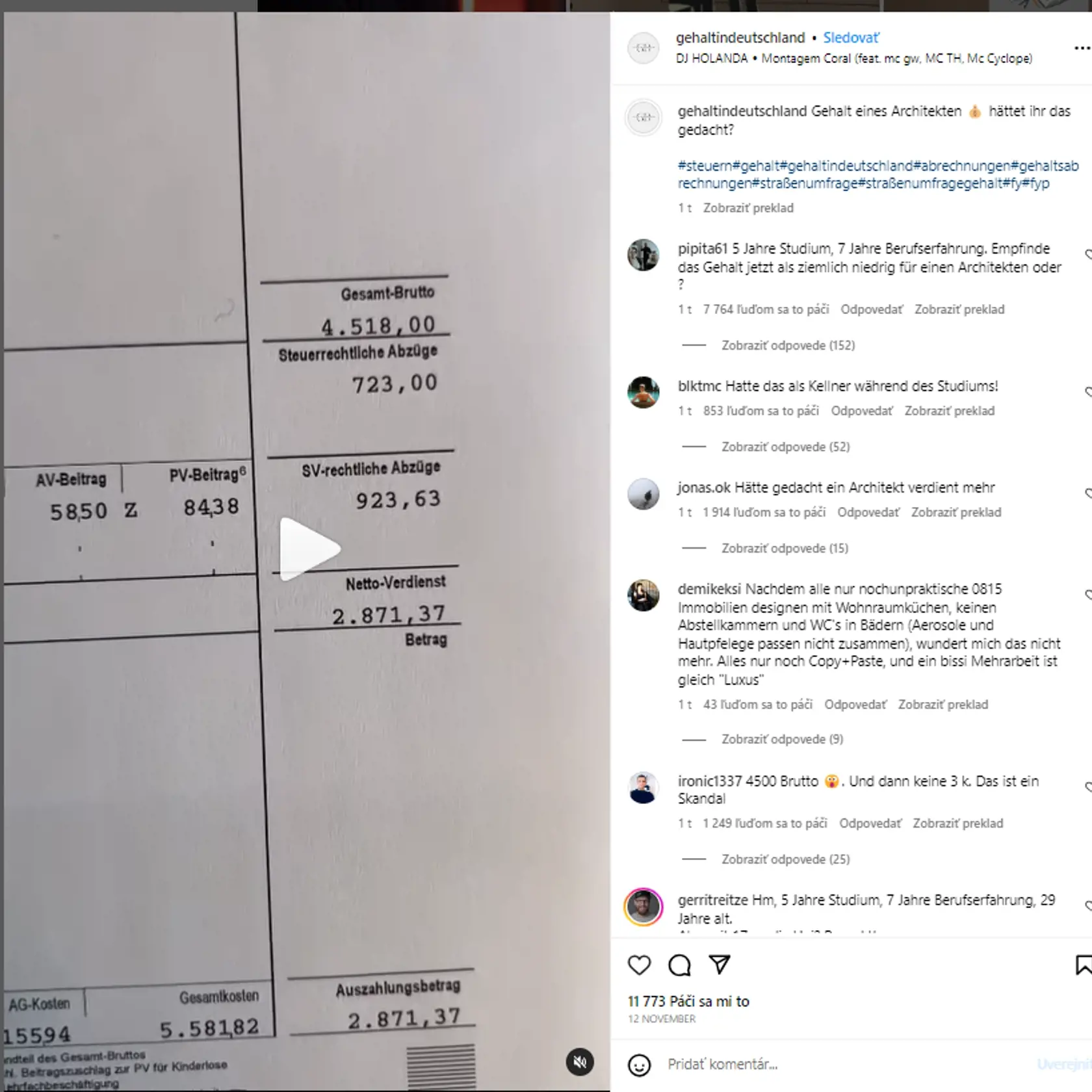29-ročný architekt v Hamburgu pracuje 40 hodín týždenne. Má za sebou 5 rokov štúdia a 7 rokov odbornej praxe. Mesačne si zarobí 2 871 eur v čistom.
