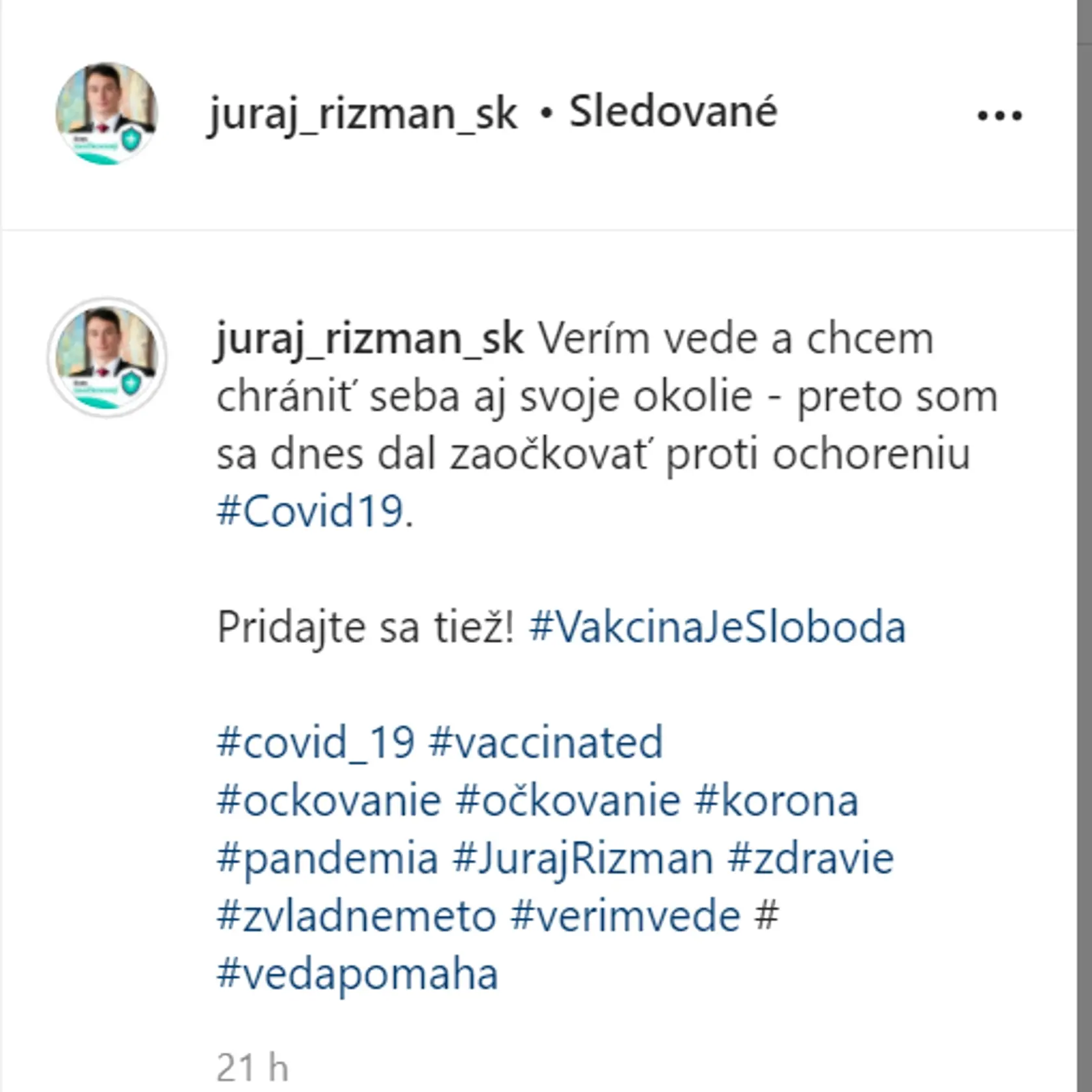 Juraj Rizman napísal o svojom očkovaní na sociálnej sieti.