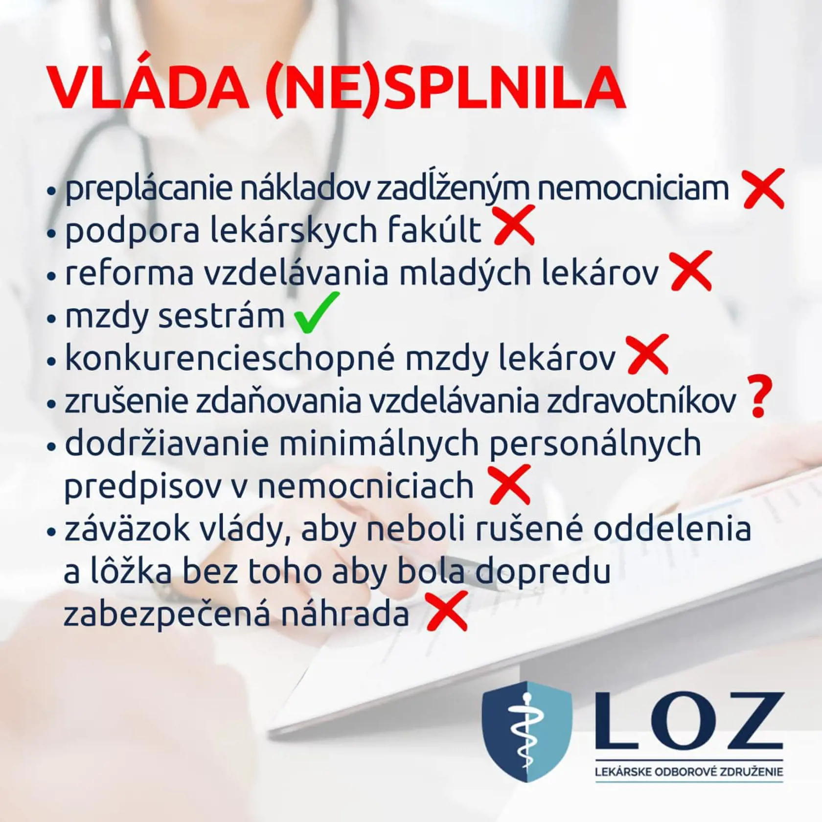 Lekárske odborové združenie zverejnilo zoznam bodov, ktoré ministerstvo nesplnilo.