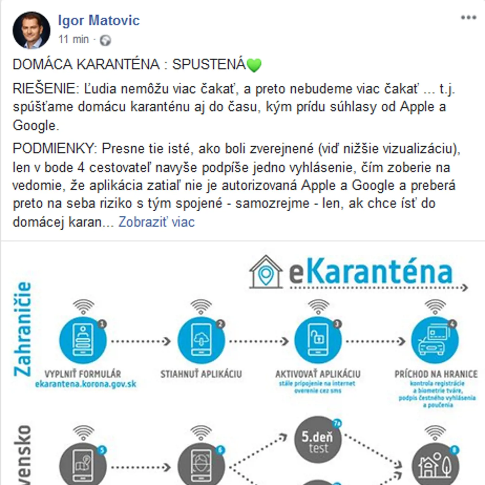 Facebookový status Igora Matoviča.