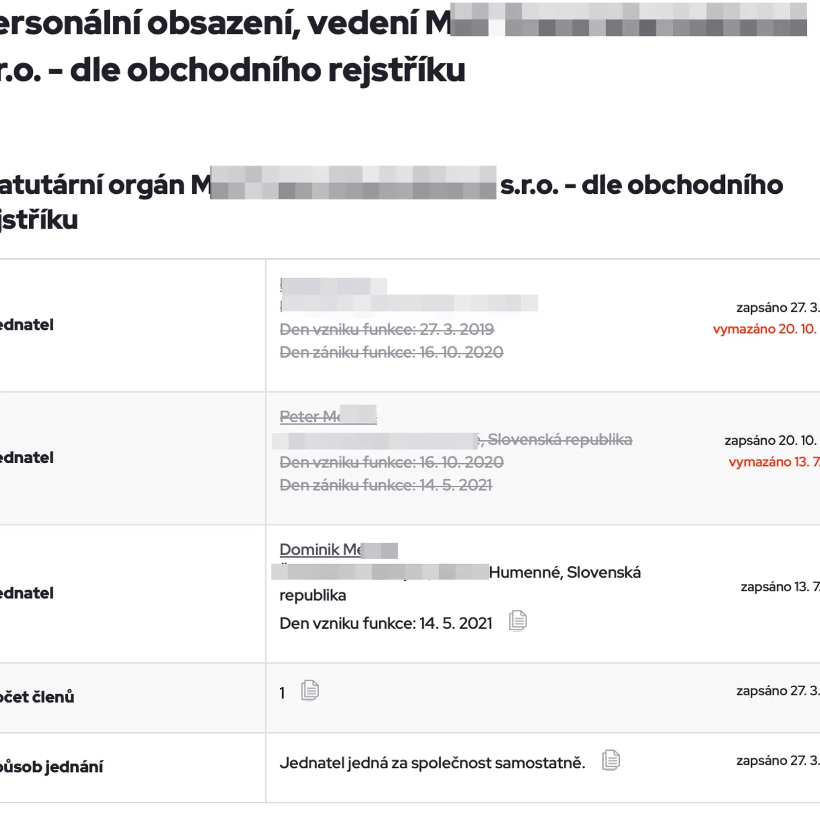Výpis z českého obchodného registra firmy, ktorú založil Humenčan a ktorej kamión v zahraničí zadržali s desiatkami kíl hašišu.