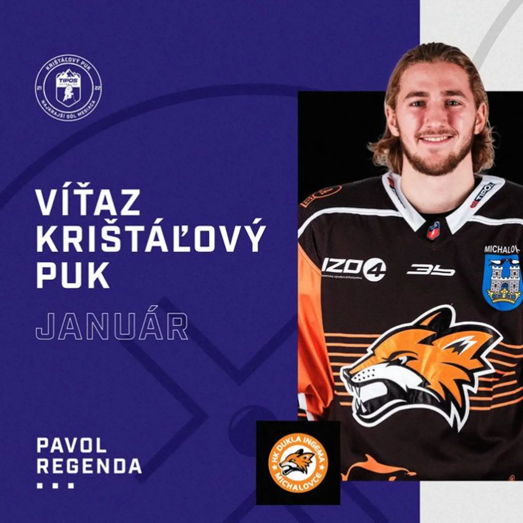 Pavol s ocenením. Najkrajší gól v januári strelil Pavol Regenda 🇸🇰. Michalovský útočník získal  rekordných 1009 hlasov. Krištáľový puk zamieril do Michaloviec.