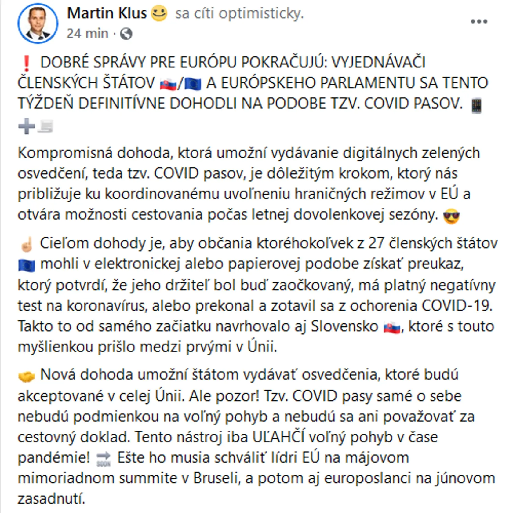 Facebookový status Martina Klusa
